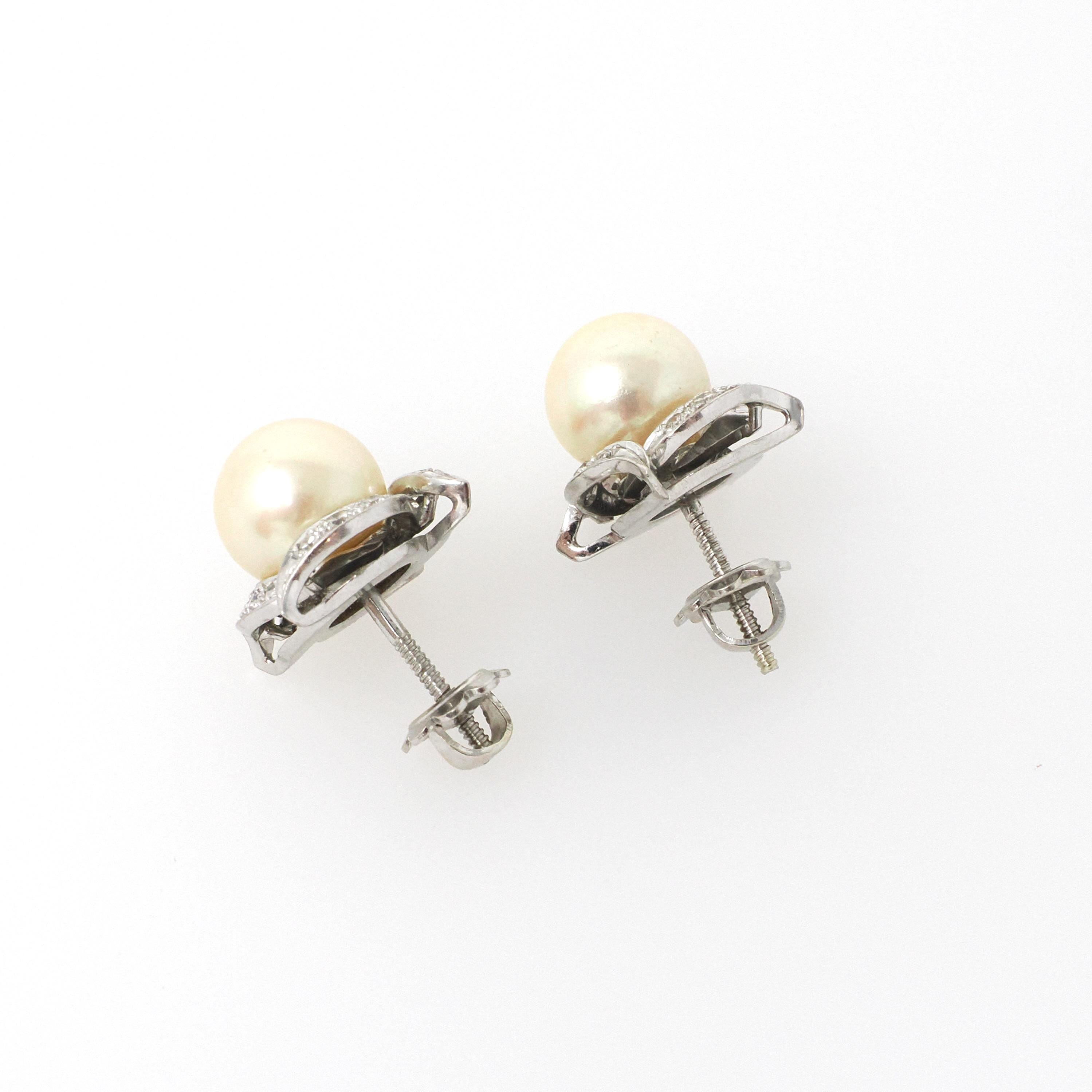 Mid Century Earrings - Vintage 18k White Gold South Sea Pearls .42 CTW Natural Diamonds - Circa 1950s Screw Back Style Spray Fine Jewelry