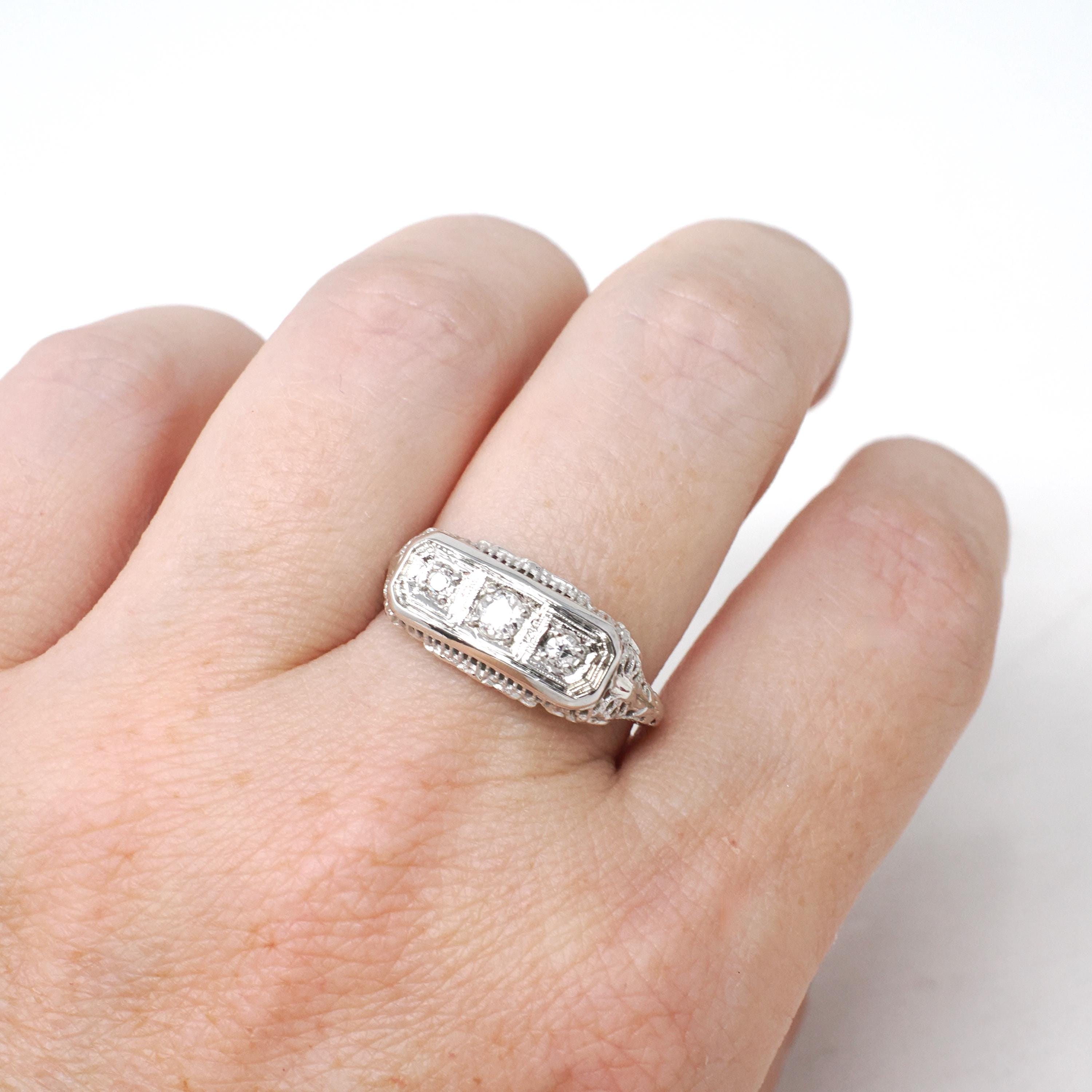 Art Deco Filigree Ring - Vintage 18k White Gold .19 CTW Natural Diamond Band - Circa 1930s Size 7 1/2 Bridal Fine Wedding Engagement Jewelry