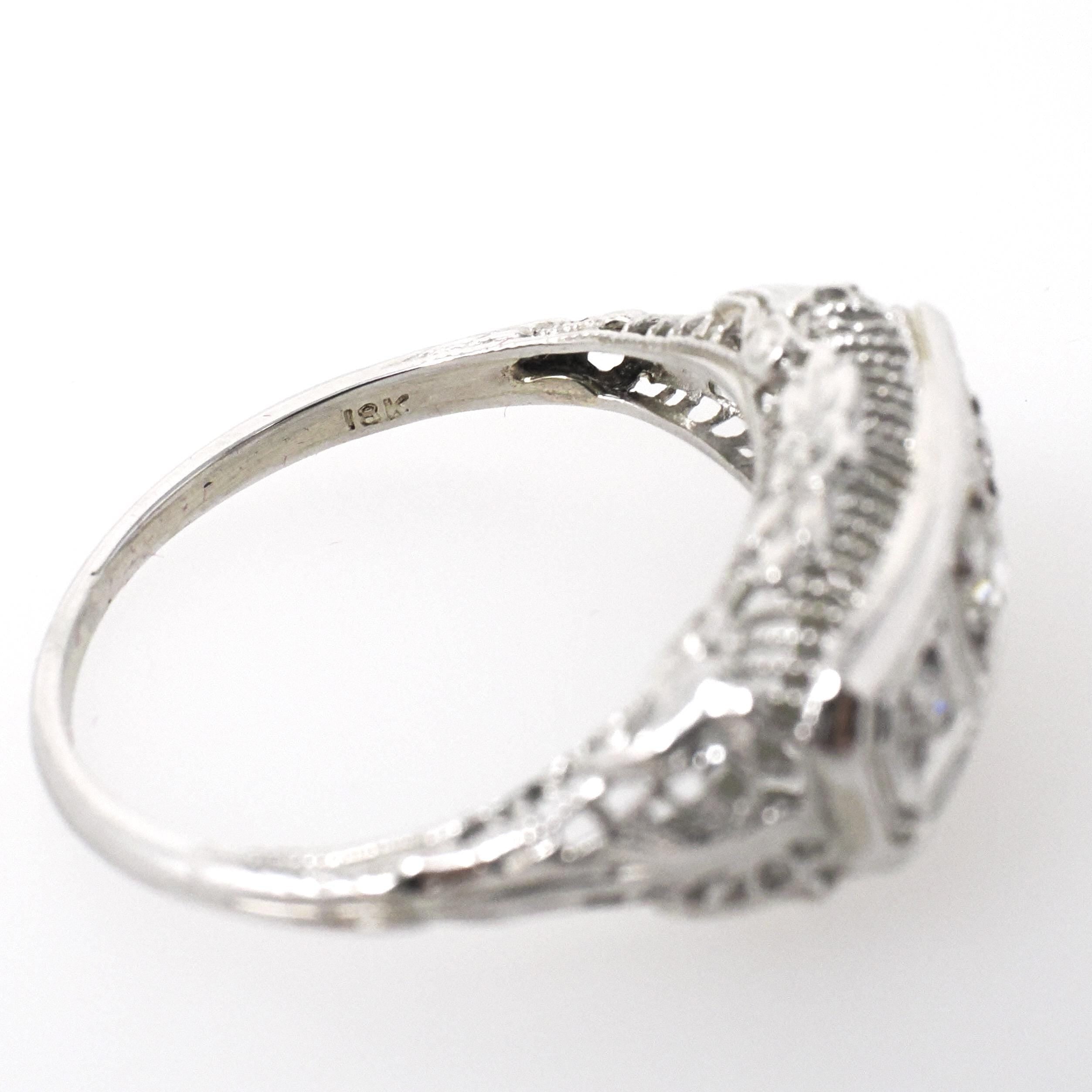Art Deco Filigree Ring - Vintage 18k White Gold .19 CTW Natural Diamond Band - Circa 1930s Size 7 1/2 Bridal Fine Wedding Engagement Jewelry