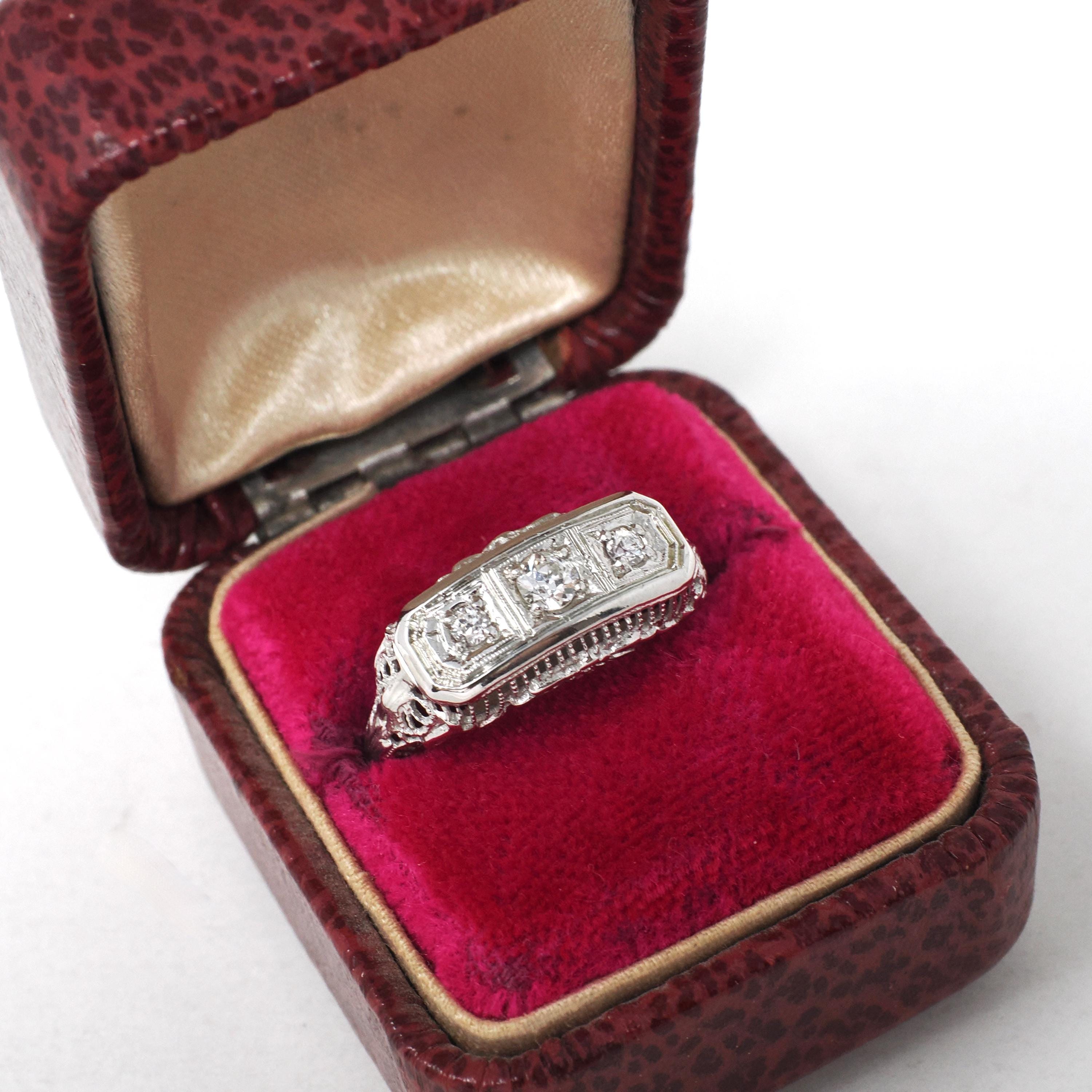 Art Deco Filigree Ring - Vintage 18k White Gold .19 CTW Natural Diamond Band - Circa 1930s Size 7 1/2 Bridal Fine Wedding Engagement Jewelry