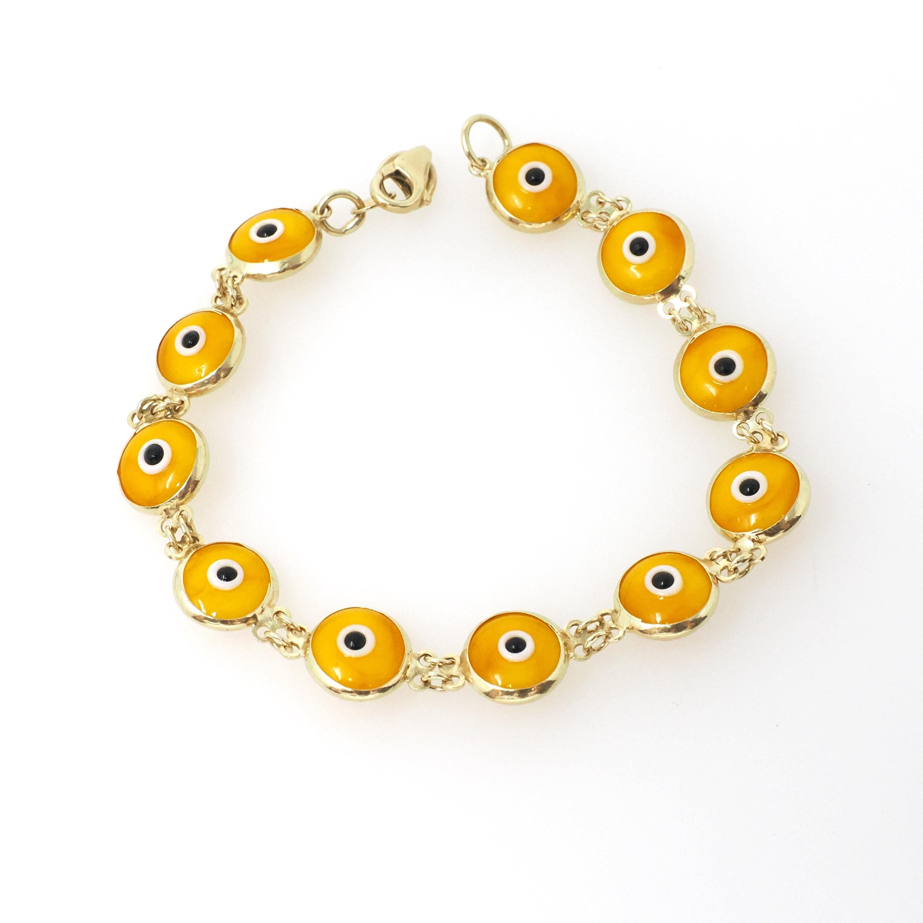 Evil Eye Bracelet - Contemporary 14k Yellow Gold Round Yellow Glass Bezel Links - Circa 2000's Tennis Style Protection Fine Fashion Jewelry