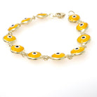Evil Eye Bracelet - Contemporary 14k Yellow Gold Round Yellow Glass Bezel Links - Circa 2000's Tennis Style Protection Fine Fashion Jewelry