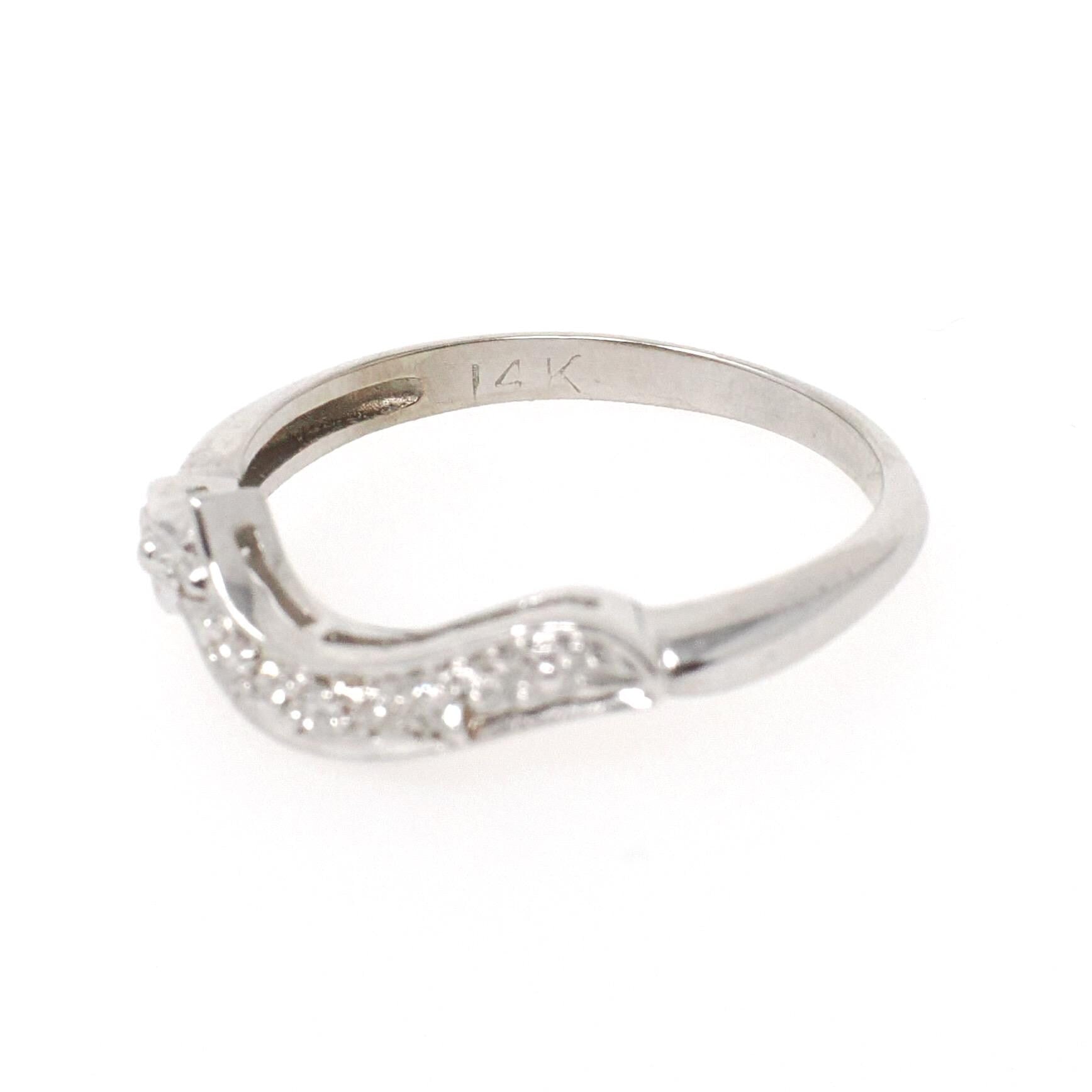 Asymmetrical Diamond Band - Mid Century 14k White Gold Curved Ring Enhancer - Vintage Circa 1960s Era Size 4 1/2 Engagement Fine Jewelry