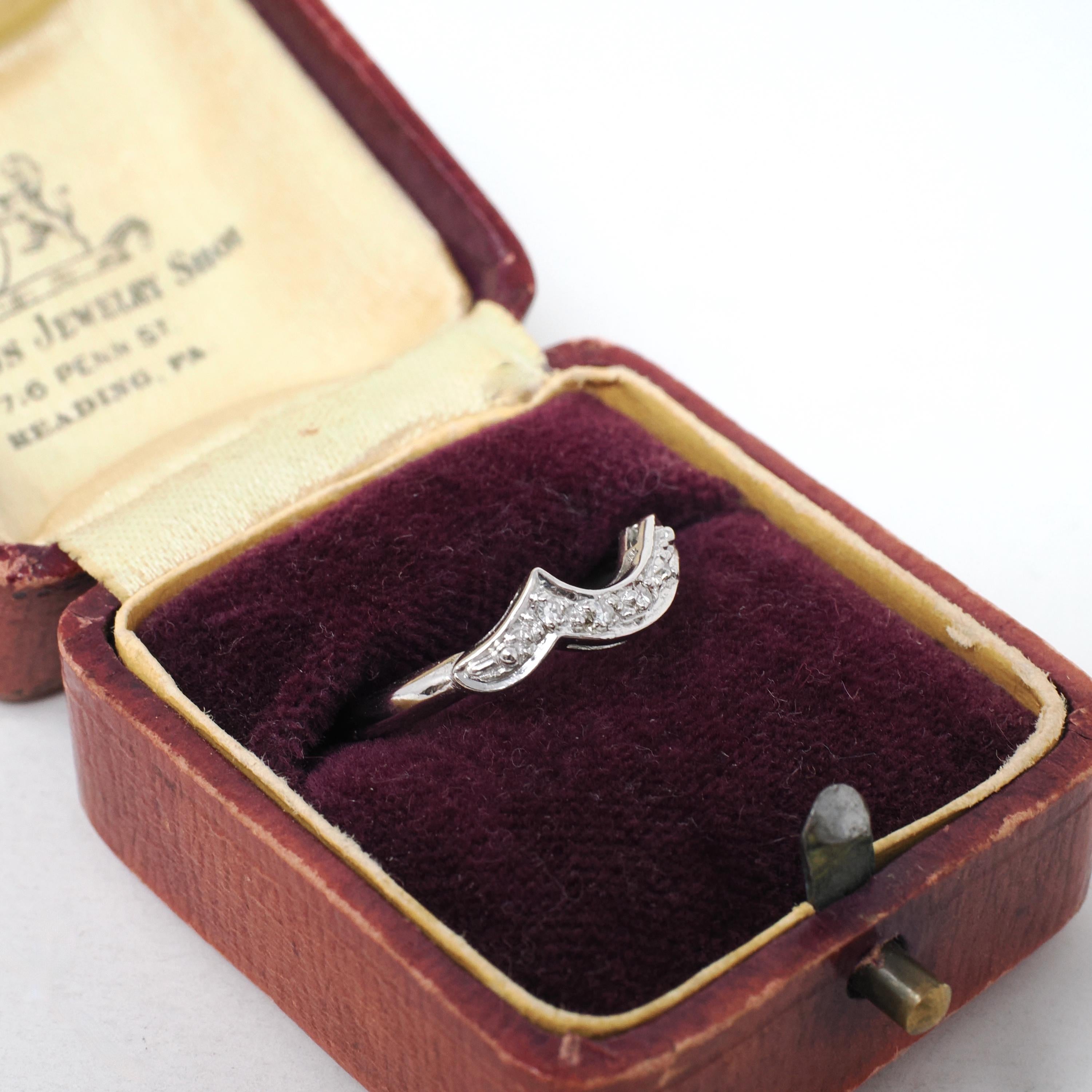Asymmetrical Diamond Band - Mid Century 14k White Gold Curved Ring Enhancer - Vintage Circa 1960s Era Size 4 1/2 Engagement Fine Jewelry