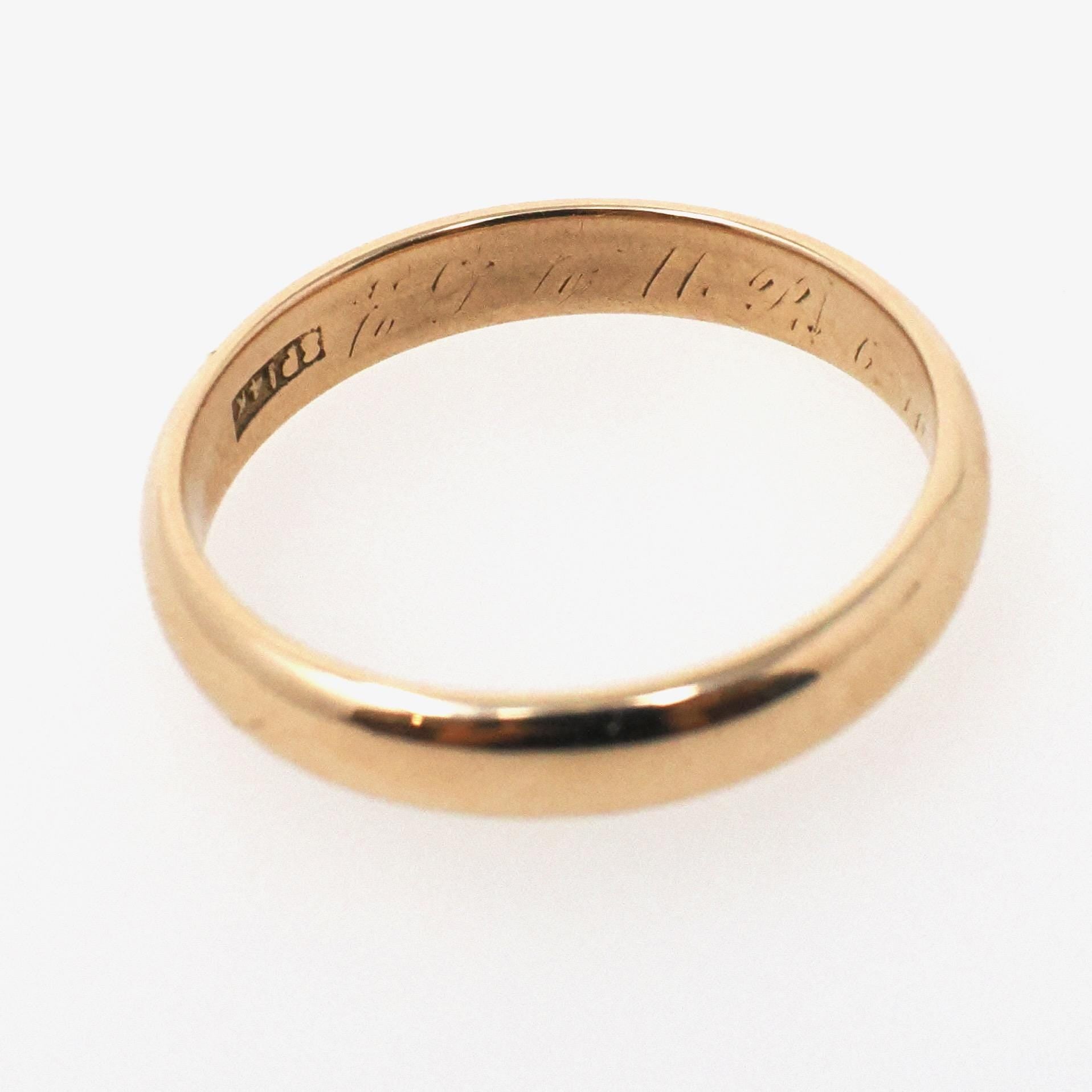 Edwardian Wedding Band - Antique 14k Yellow Gold 3.5 MM Half Round Ring - Circa 1910s Era Size 7 3/4 Engraved Bridal Fine Stacking Jewelry