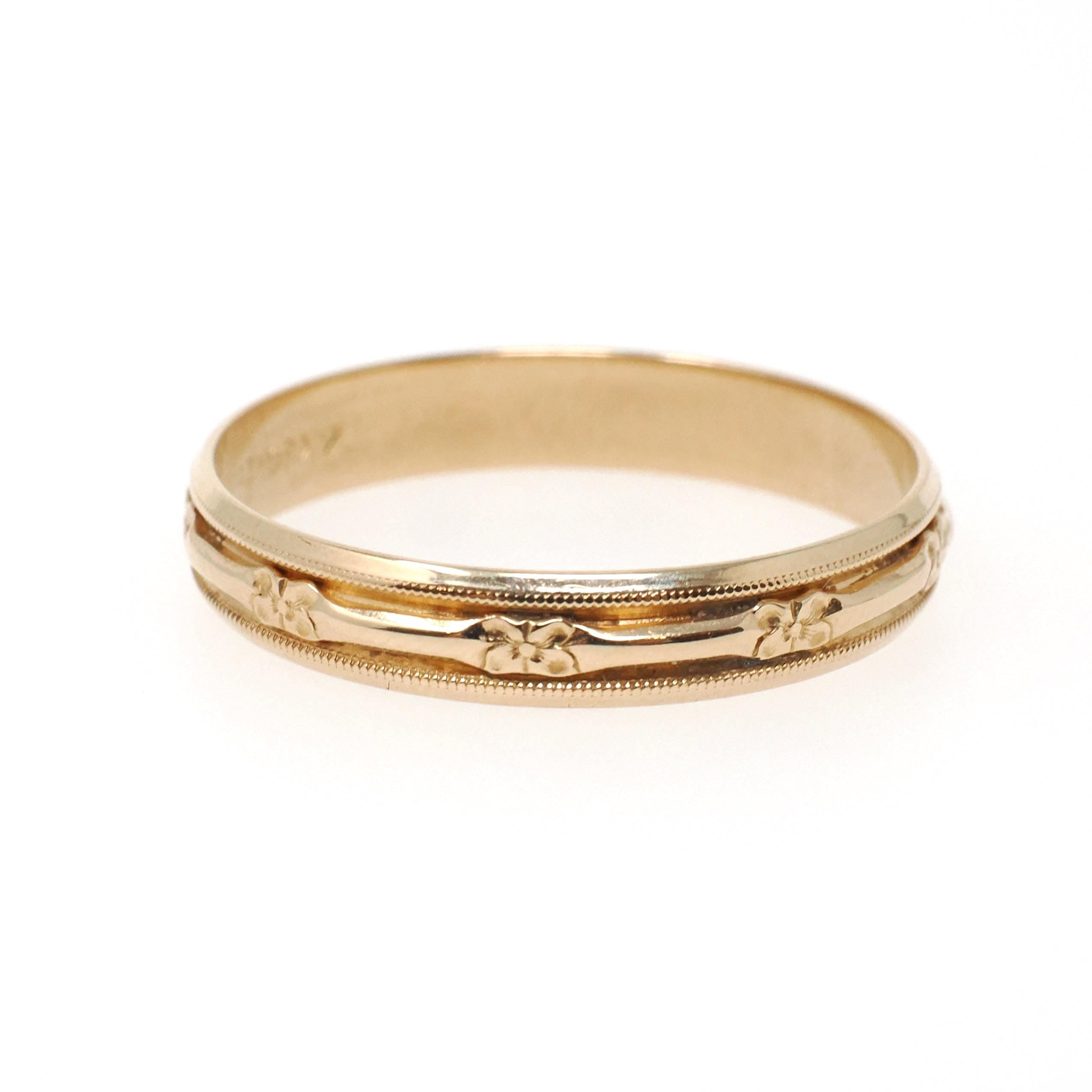 Eternity Flower Band - Retro 14k Yellow Gold Floral Stacking Wedding Ring - Circa 1950s Size 12 Unisex 4.2 MM Milgrain Bridal Fine Jewelry