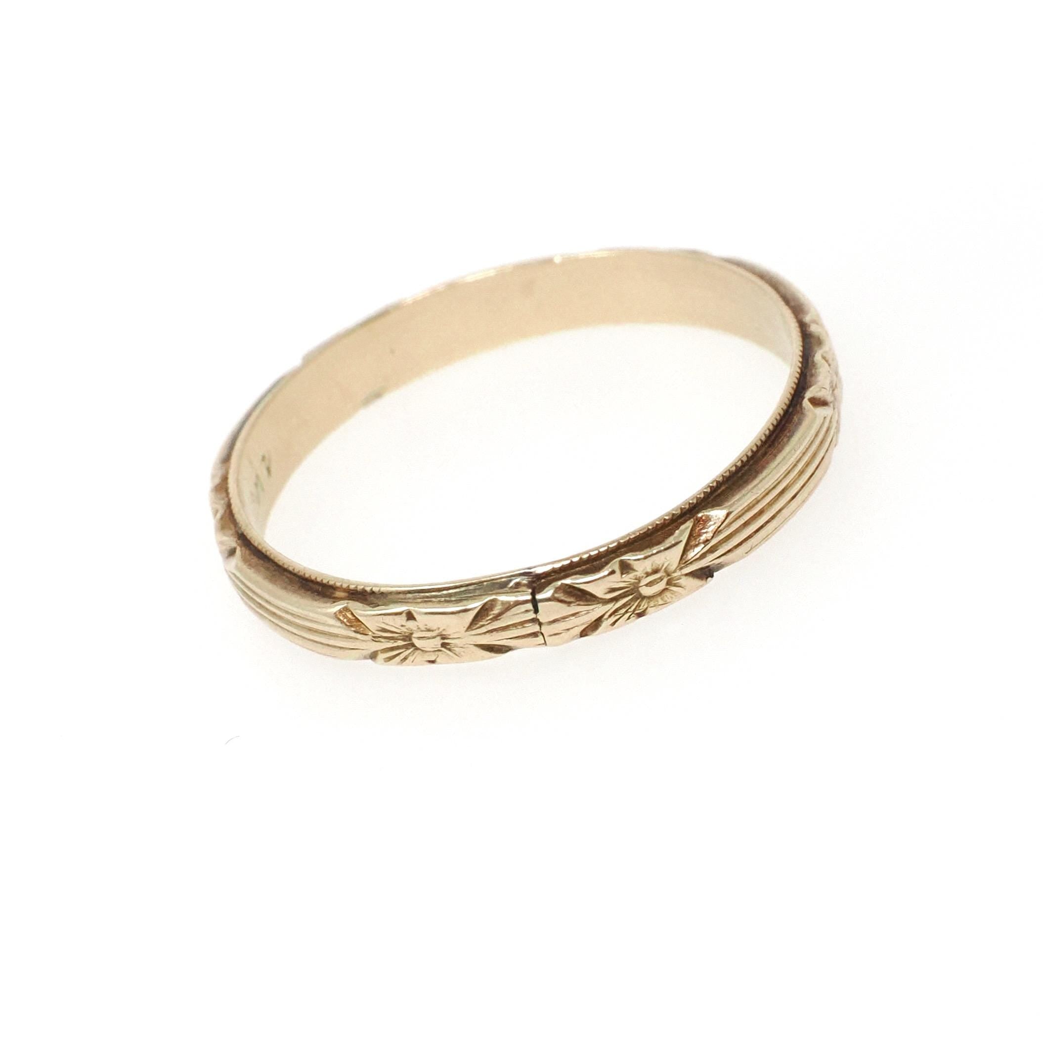 Eternity Flower Band - Art Deco 14k Yellow Gold Floral Stacking Wedding Ring - Circa 1930s Size 8 Unisex 2.8 MM Milgrain Bridal Fine Jewelry