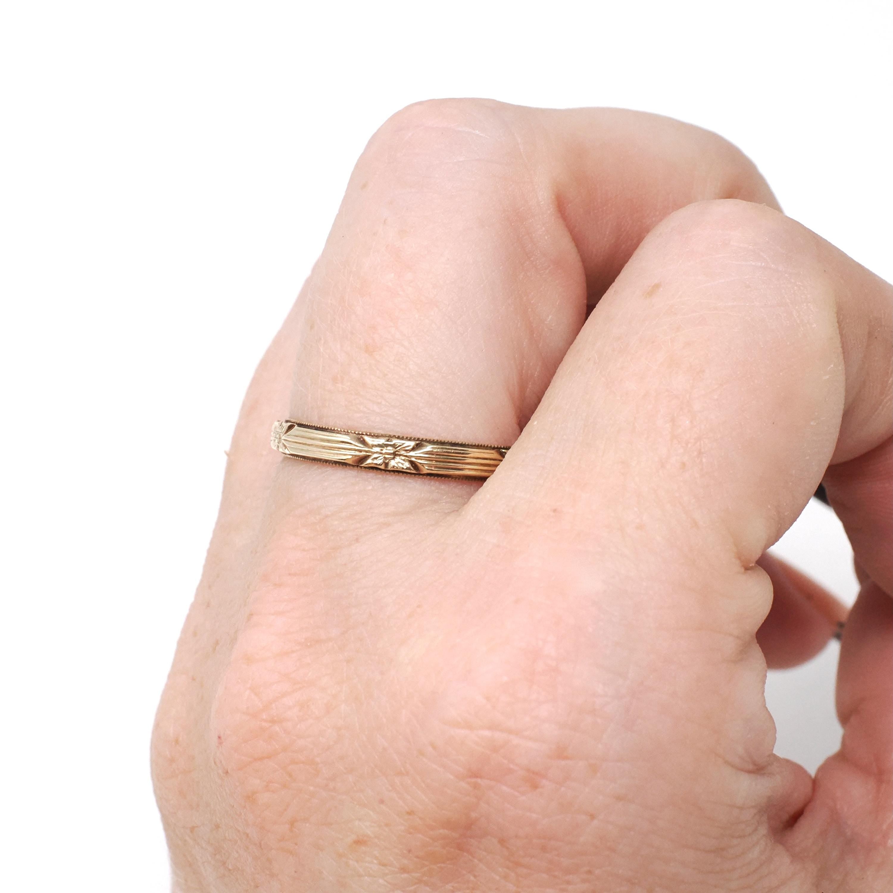 Eternity Flower Band - Art Deco 14k Yellow Gold Floral Stacking Wedding Ring - Circa 1930s Size 8 Unisex 2.8 MM Milgrain Bridal Fine Jewelry