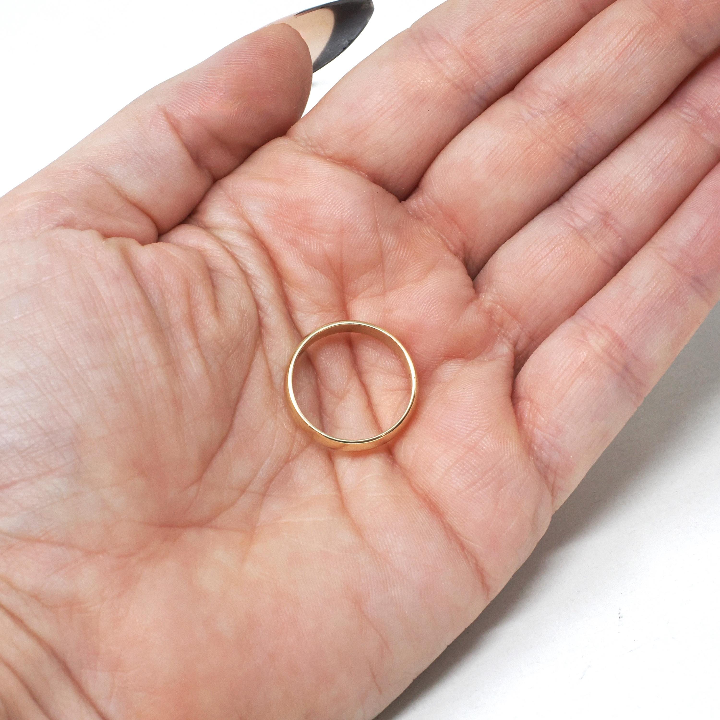 Modern Wedding Band - English 9k Yellow Gold 3.8 MM Half Round Ring - Circa 1980s Era Size 5 3/4 Bold Gold Stacking Fine Bridal Jewelry