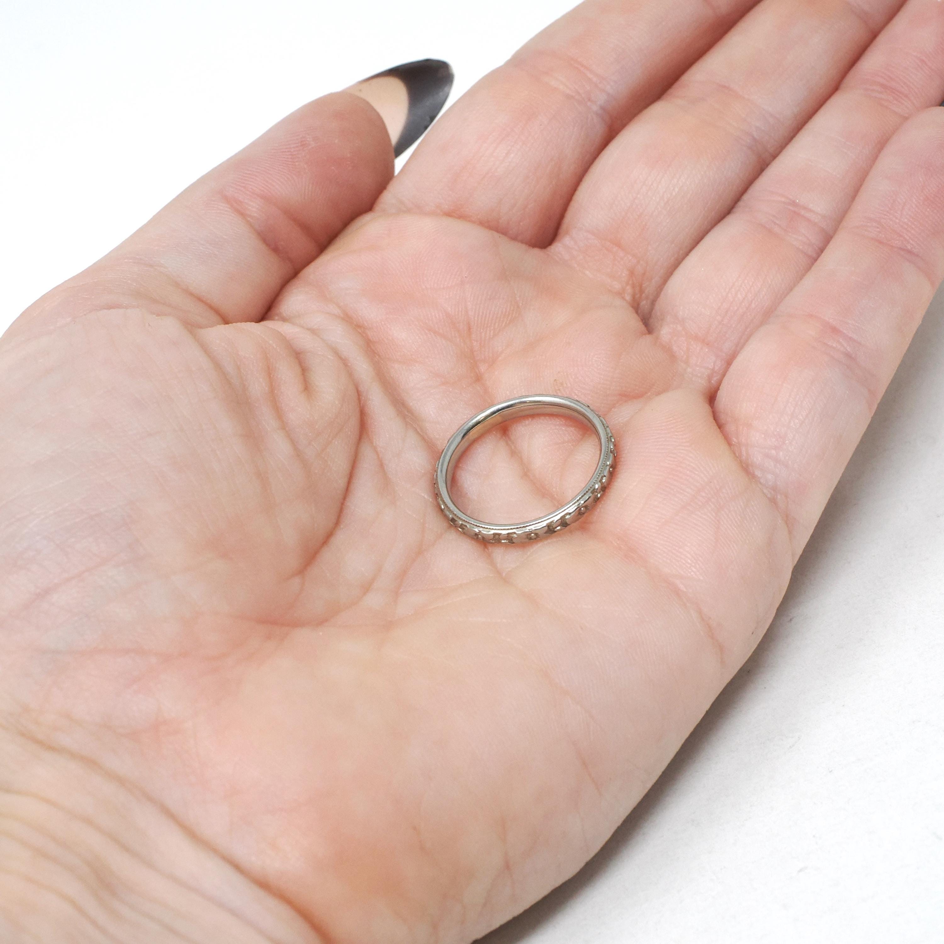 Art Deco Wedding Band - Antique 18k White Gold Orange Blossom 2.6 MM Eternity Ring - Circa 1920s Era Size 5 3/4 Engraved Bridal Fine Jewelry