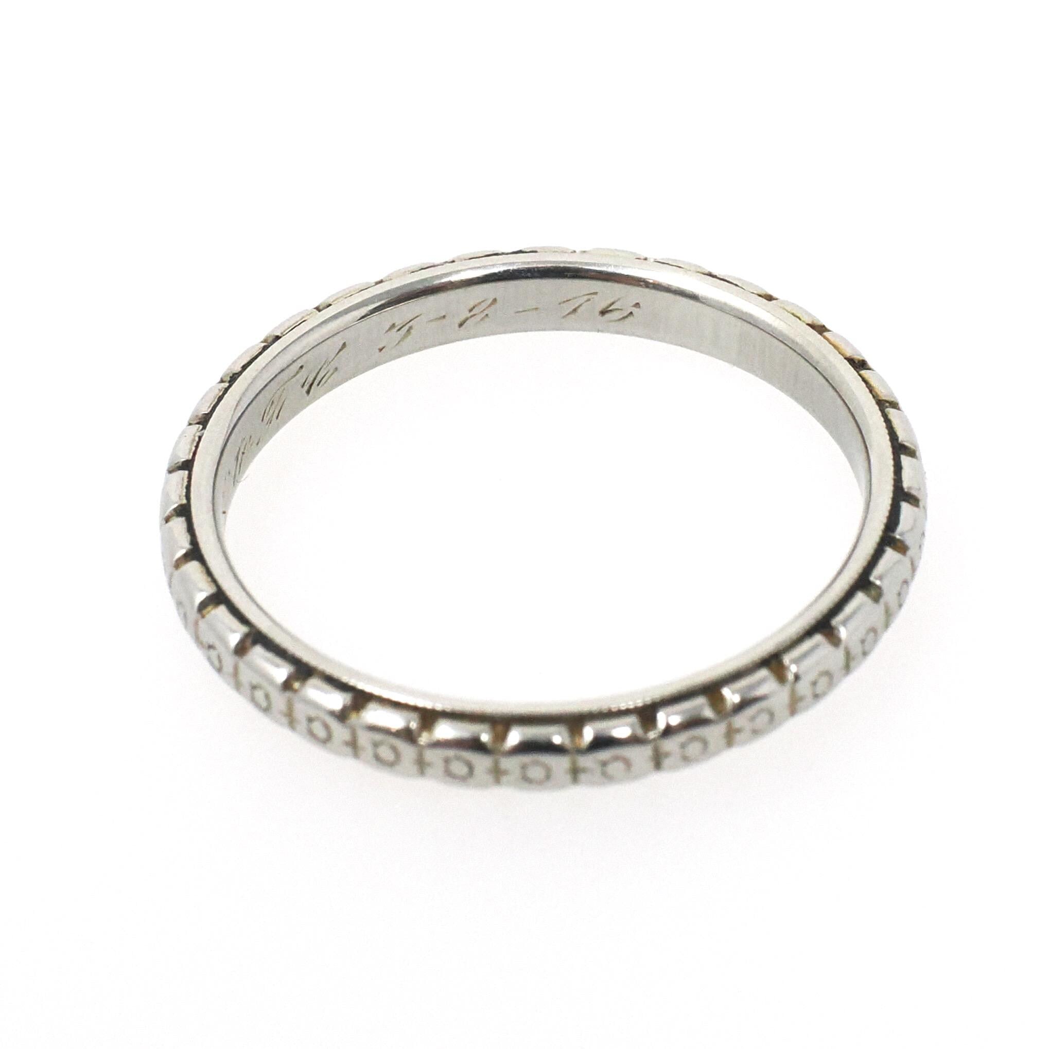 Edwardian Wedding Band - Antique 18k White Gold Orange Blossom 2.4MM Eternity Ring - Circa 1916 Size 6 Engraved Bridal Fine Stacking Jewelry