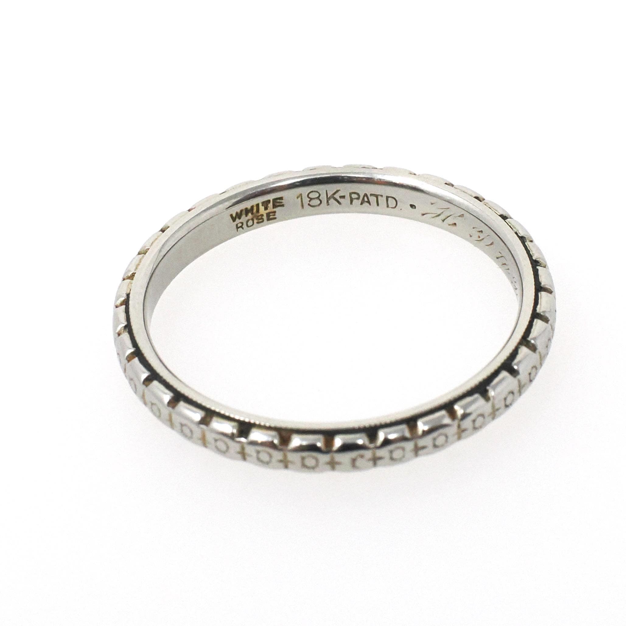 Edwardian Wedding Band - Antique 18k White Gold Orange Blossom 2.4MM Eternity Ring - Circa 1916 Size 6 Engraved Bridal Fine Stacking Jewelry