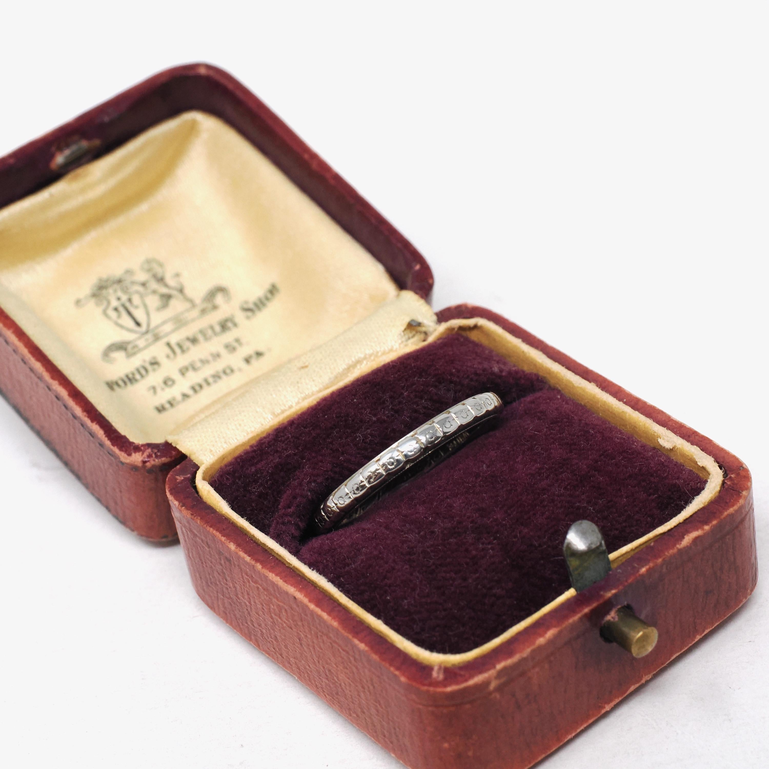 Edwardian Wedding Band - Antique 18k White Gold Orange Blossom 2.4MM Eternity Ring - Circa 1916 Size 6 Engraved Bridal Fine Stacking Jewelry