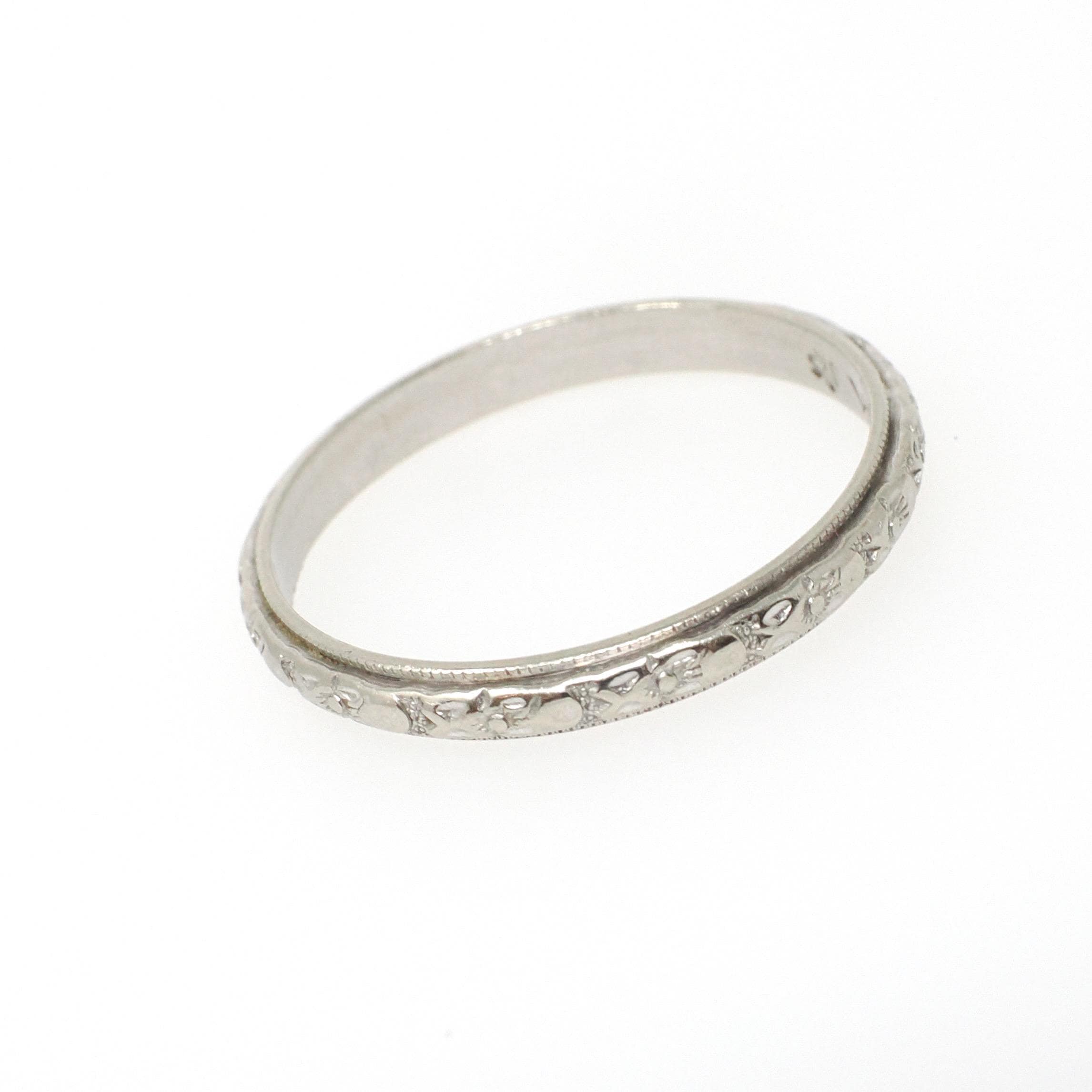 Art Deco Wedding Band - Antique 14k White Gold Orange Blossom 2.7 MM Eternity Ring - Circa 1930s Era Size 8 1/4 Engraved Bridal Fine Jewelry