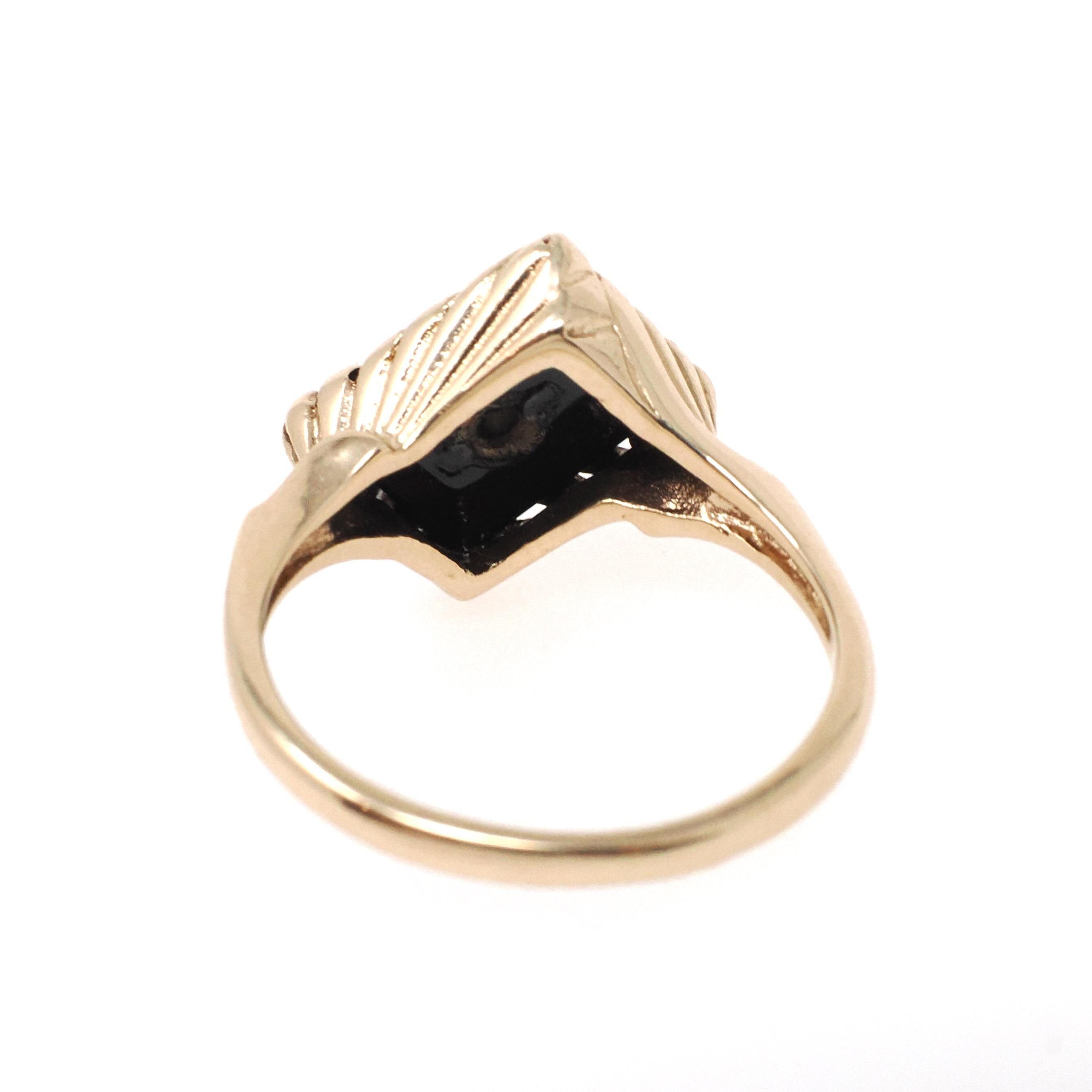 Mid Century Onyx Ring - Vintage 10k Yellow Gold Black Chalcedony Gemstone - Circa 1950s Size 6 1/4 Natural Diamond Statement Fine Jewelry