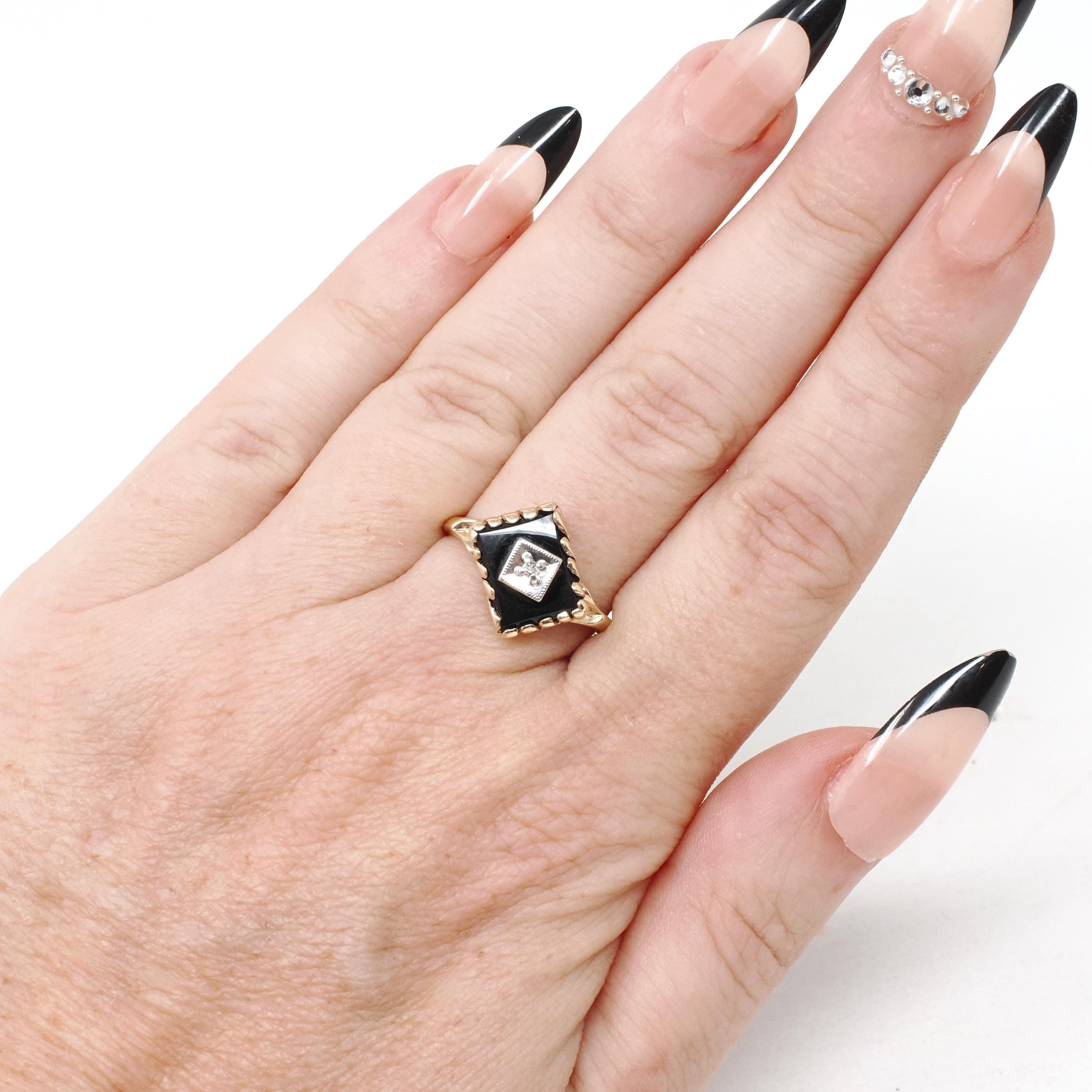 Mid Century Onyx Ring - Vintage 10k Yellow Gold Black Chalcedony Gemstone - Circa 1950s Size 6 1/4 Natural Diamond Statement Fine Jewelry