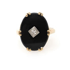 Vintage Onyx Ring - Mid Century 10k Yellow Gold Black Chalcedony & .01 CT Natural Diamond - Circa 1940s Era Size 5.5 Statement Fine Jewelry