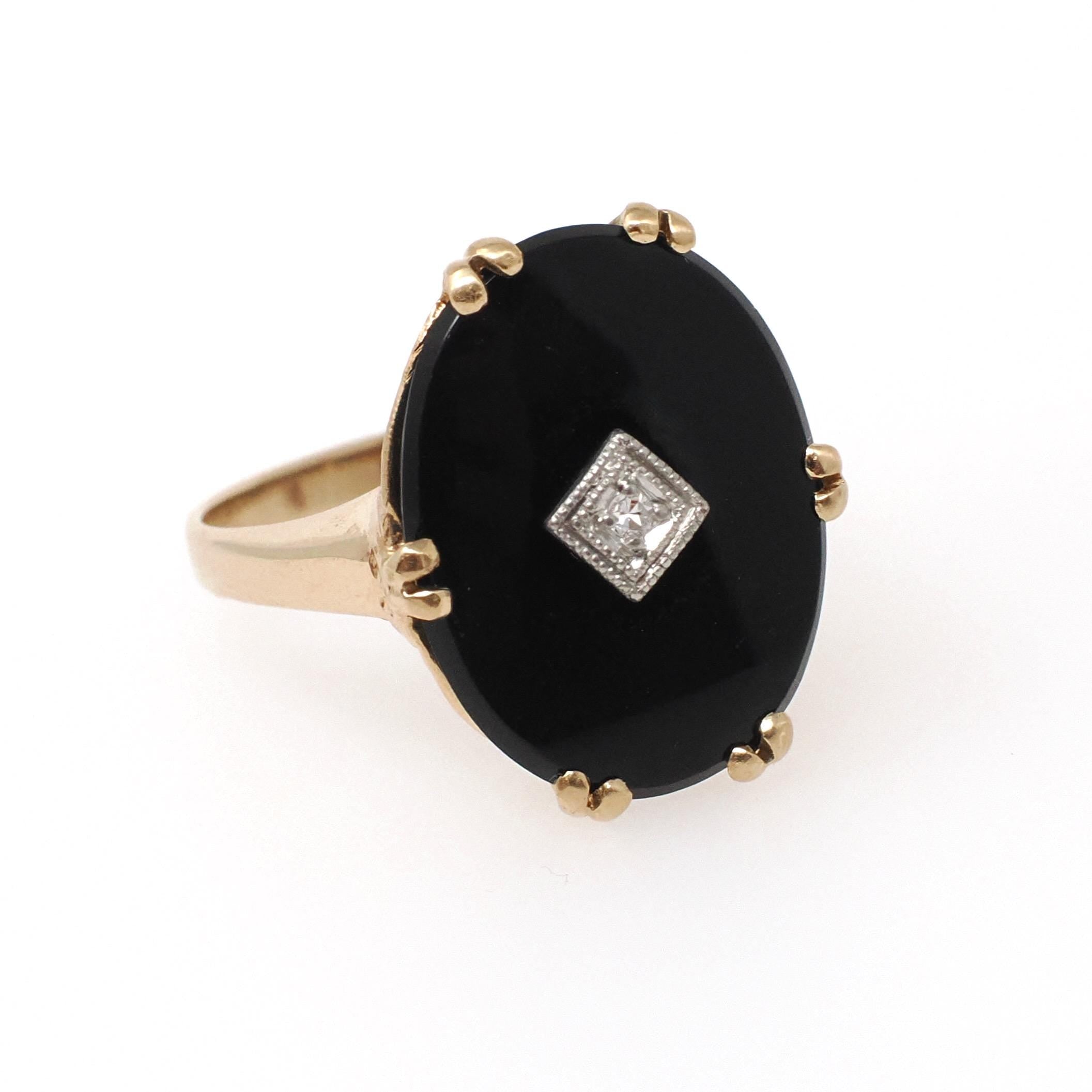 Vintage Onyx Ring - Mid Century 10k Yellow Gold Black Chalcedony & .01 CT Natural Diamond - Circa 1940s Era Size 5.5 Statement Fine Jewelry