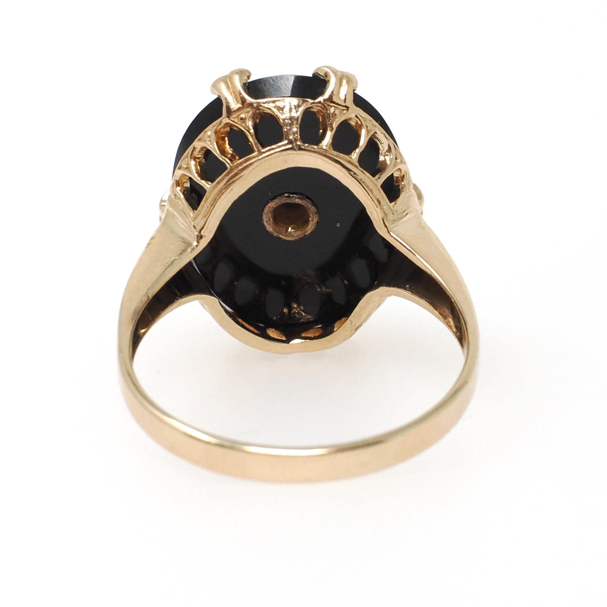 Vintage Onyx Ring - Mid Century 10k Yellow Gold Black Chalcedony & .01 CT Natural Diamond - Circa 1940s Era Size 5.5 Statement Fine Jewelry