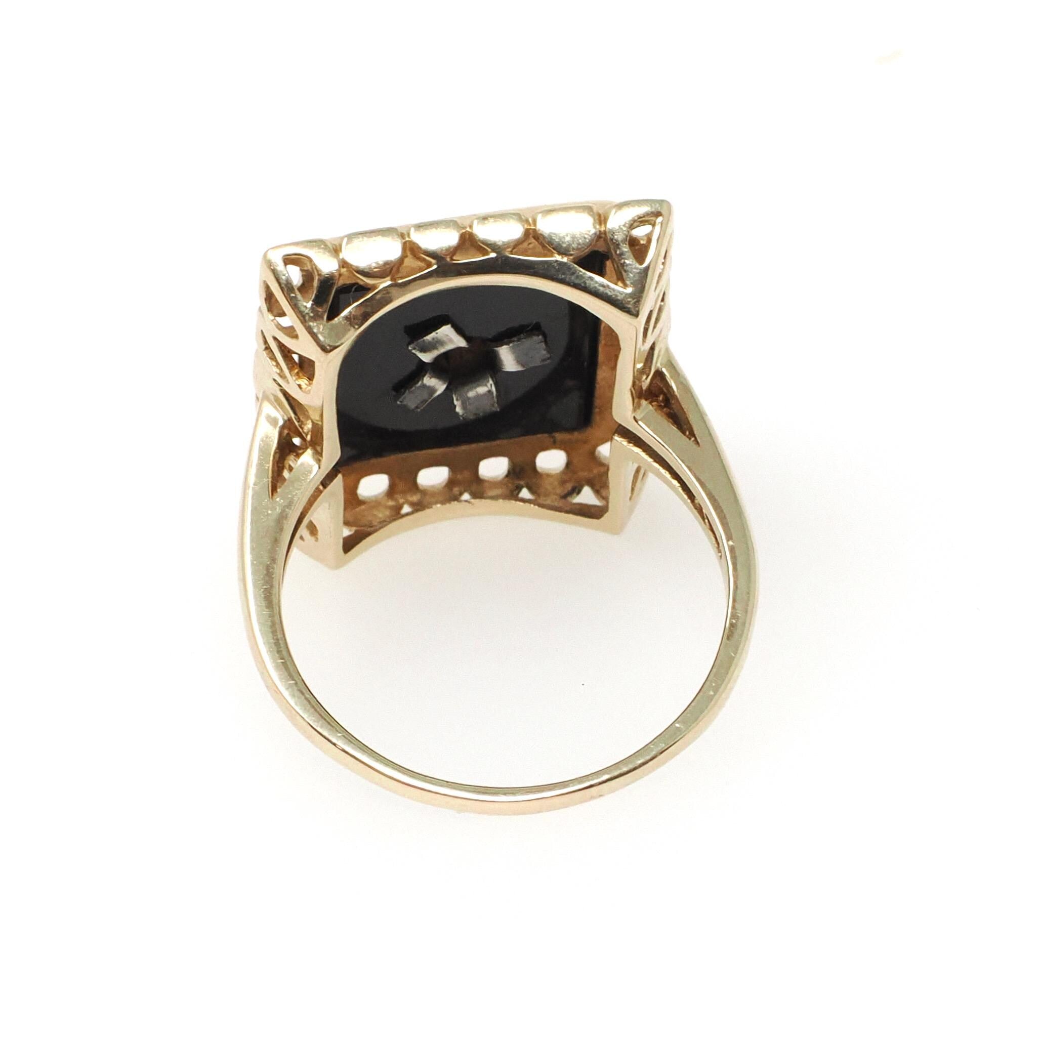 Vintage Onyx Ring - Mid Century 14k Yellow Gold Black Rectangle Gemstone - Circa 1960s Size 7 Natural Diamond Accent Fine Statement Jewelry