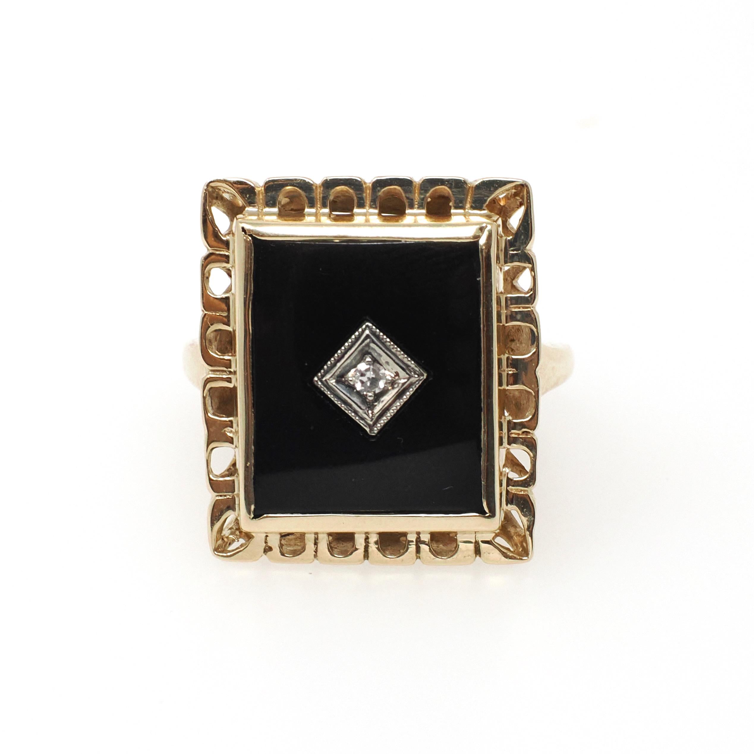Vintage Onyx Ring - Mid Century 14k Yellow Gold Black Rectangle Gemstone - Circa 1960s Size 7 Natural Diamond Accent Fine Statement Jewelry
