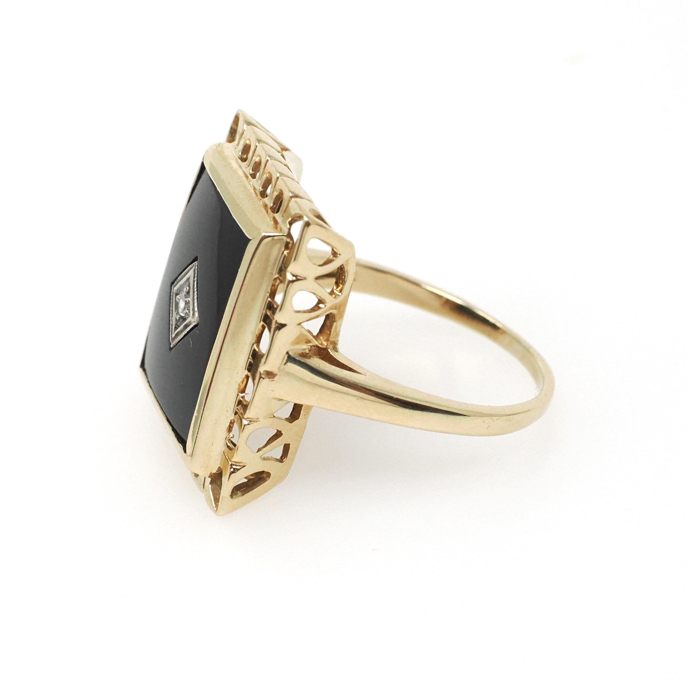 Vintage Onyx Ring - Mid Century 14k Yellow Gold Black Rectangle Gemstone - Circa 1960s Size 7 Natural Diamond Accent Fine Statement Jewelry
