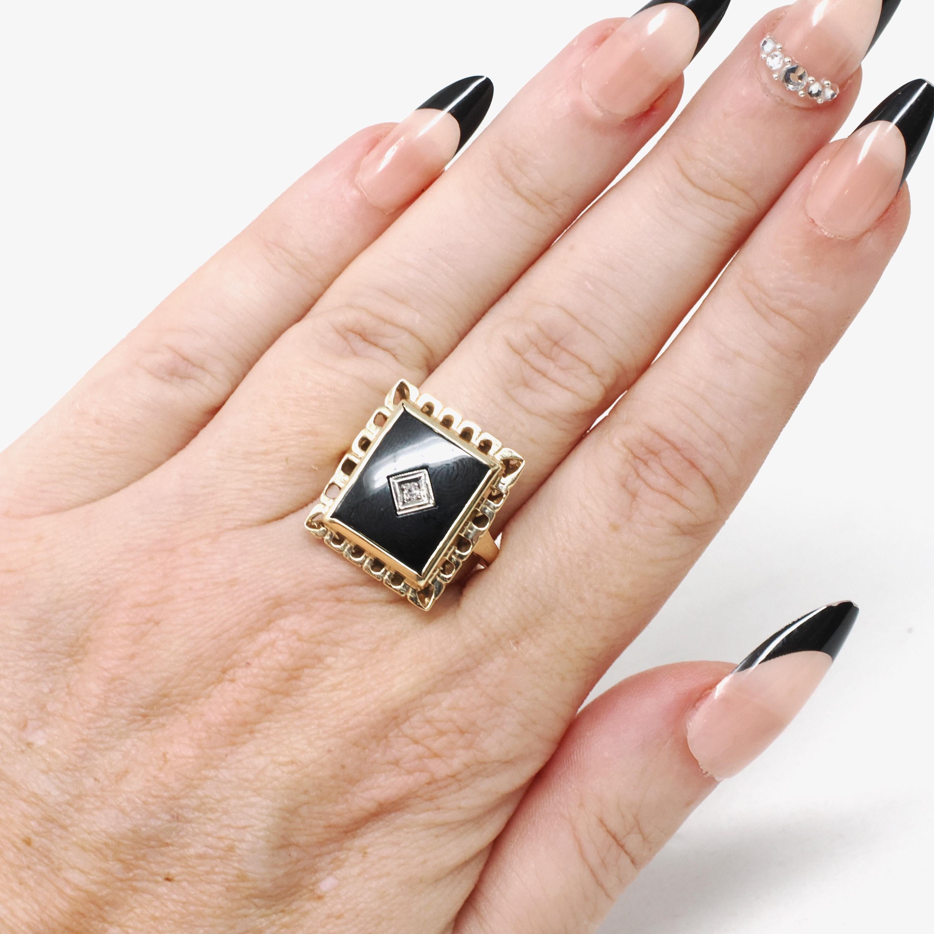 Vintage Onyx Ring - Mid Century 14k Yellow Gold Black Rectangle Gemstone - Circa 1960s Size 7 Natural Diamond Accent Fine Statement Jewelry