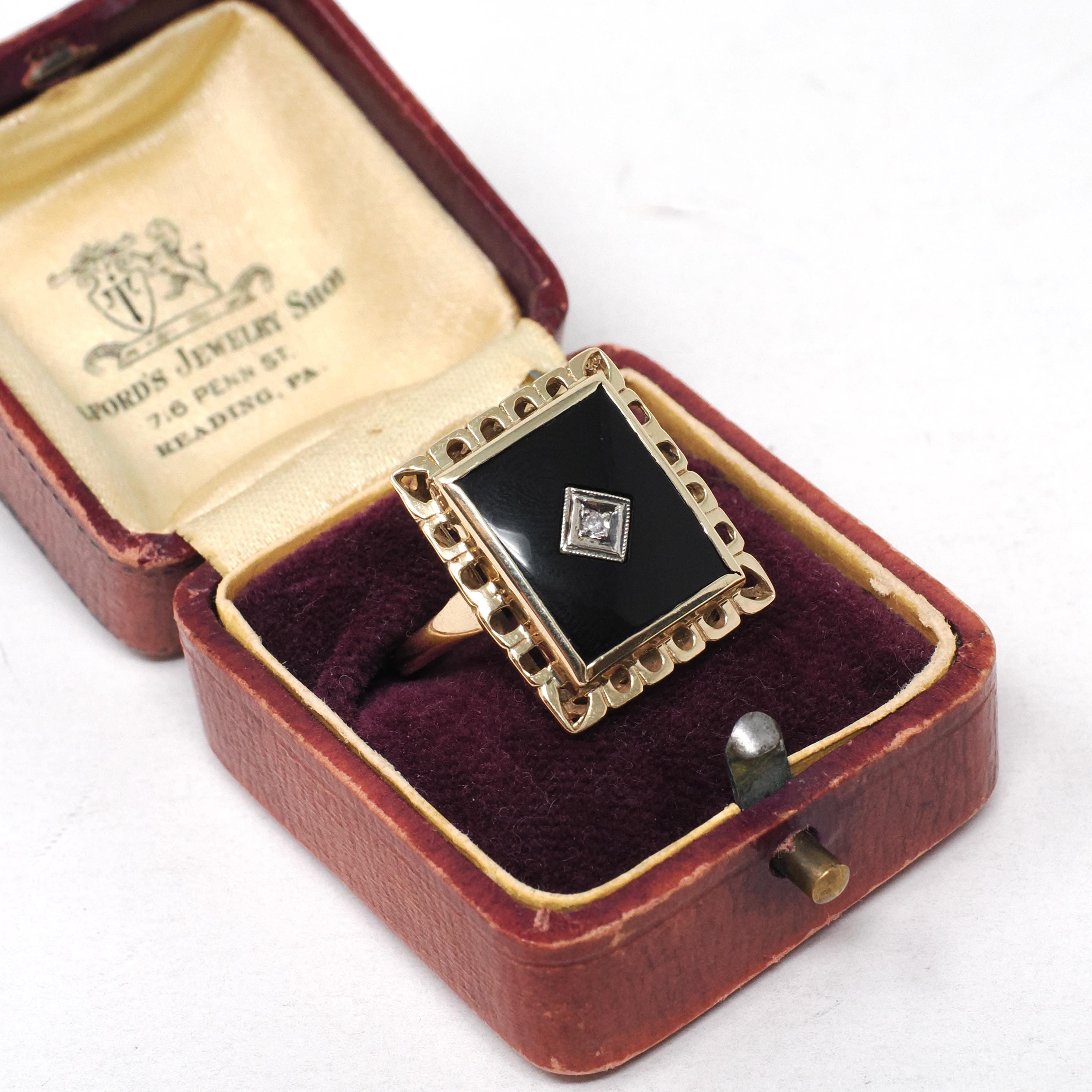 Vintage Onyx Ring - Mid Century 14k Yellow Gold Black Rectangle Gemstone - Circa 1960s Size 7 Natural Diamond Accent Fine Statement Jewelry