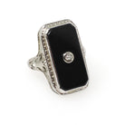 Vintage Onyx Ring - Art Deco 18k White Gold Black Chalcedony Gem - Circa 1930s Era Size 6 Natural .03 CT Diamond Filigree Fine Jewelry