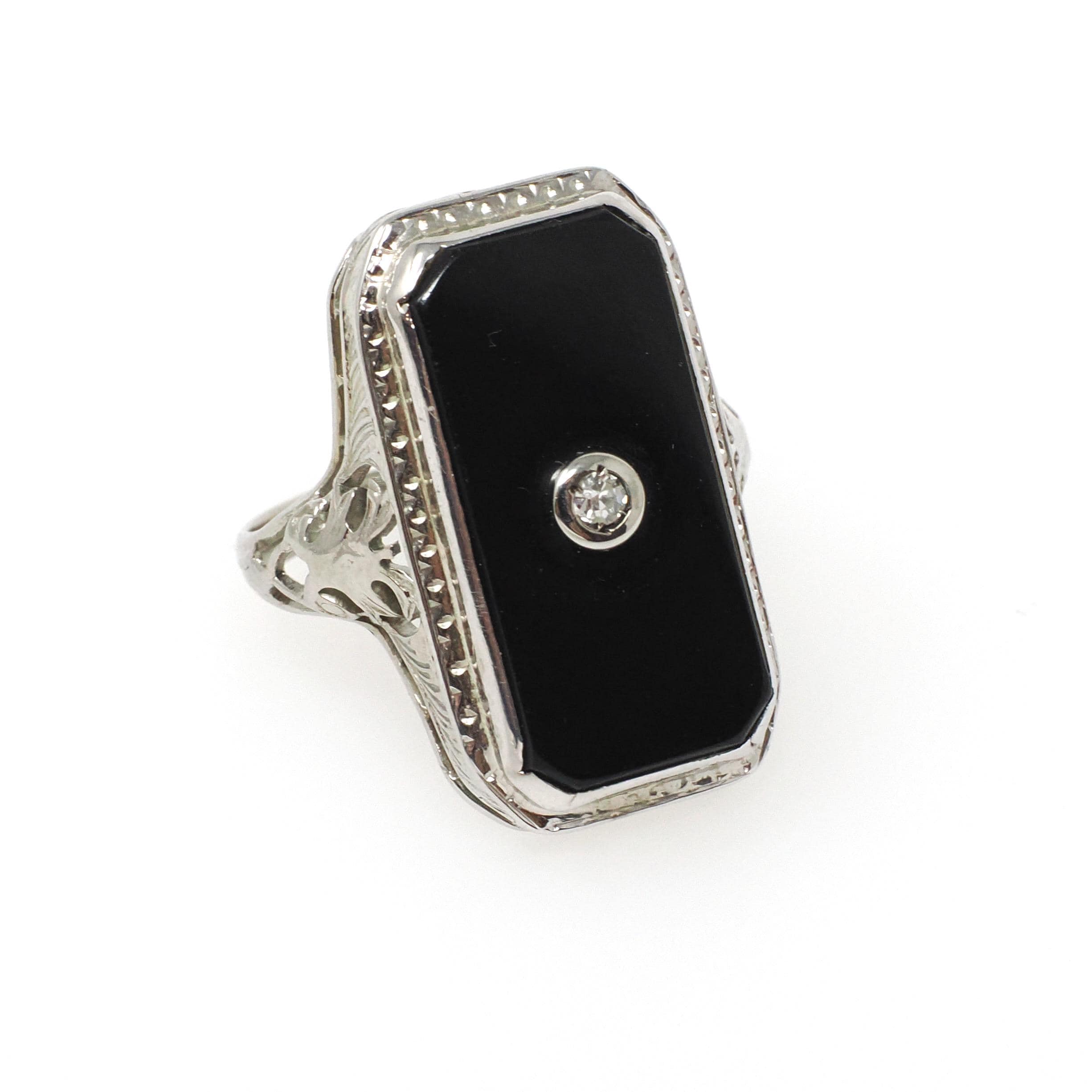 Vintage Onyx Ring - Art Deco 18k White Gold Black Chalcedony Gem - Circa 1930s Era Size 6 Natural .03 CT Diamond Filigree Fine Jewelry