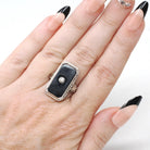 Vintage Onyx Ring - Art Deco 18k White Gold Black Chalcedony Gem - Circa 1930s Era Size 6 Natural .03 CT Diamond Filigree Fine Jewelry