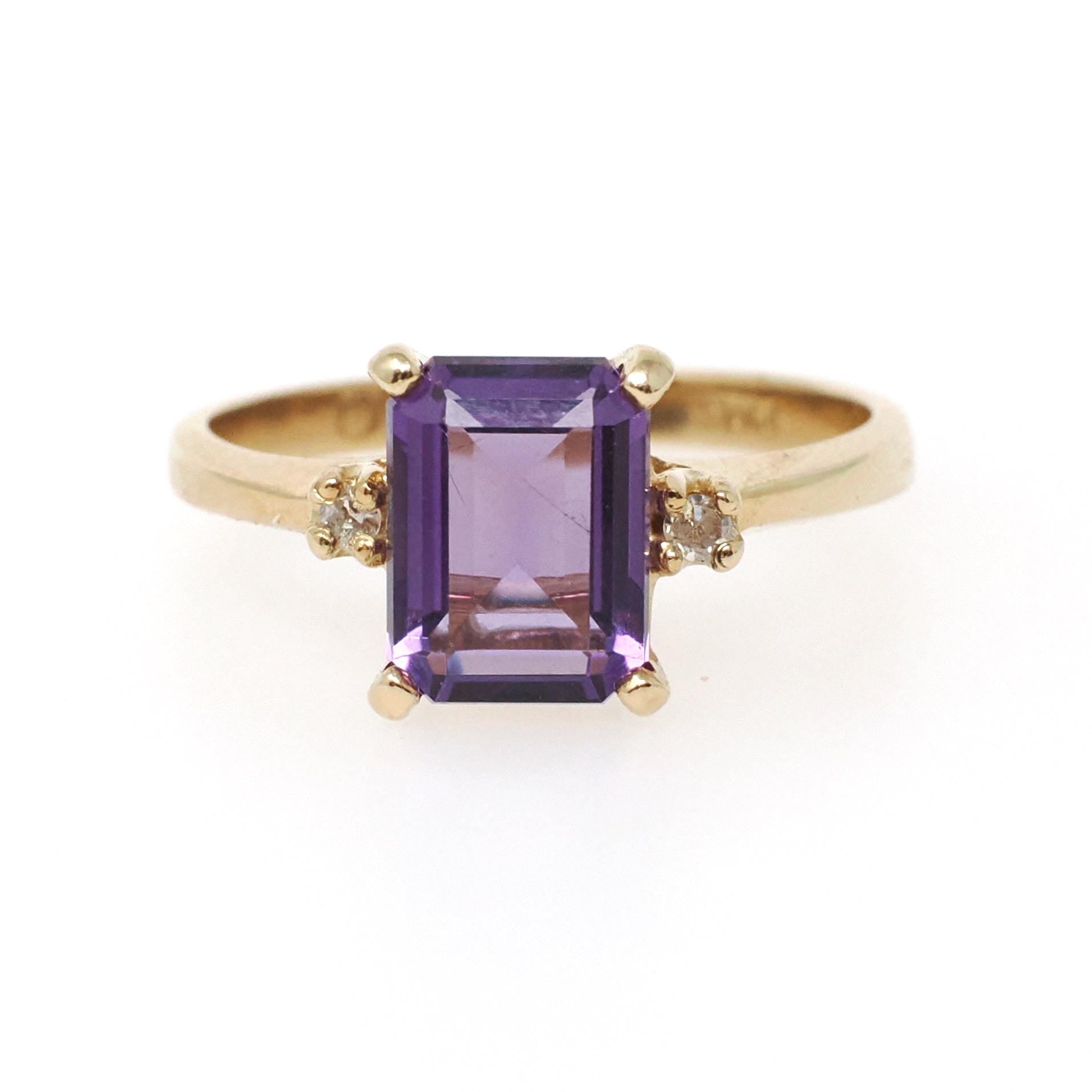 Amethyst & Diamond Ring - Modern Era 10k Yellow Gold Emerald Cut Purple Gem - Estate Circa 2000s Size 5 1/2 February Birthstone Fine Jewelry