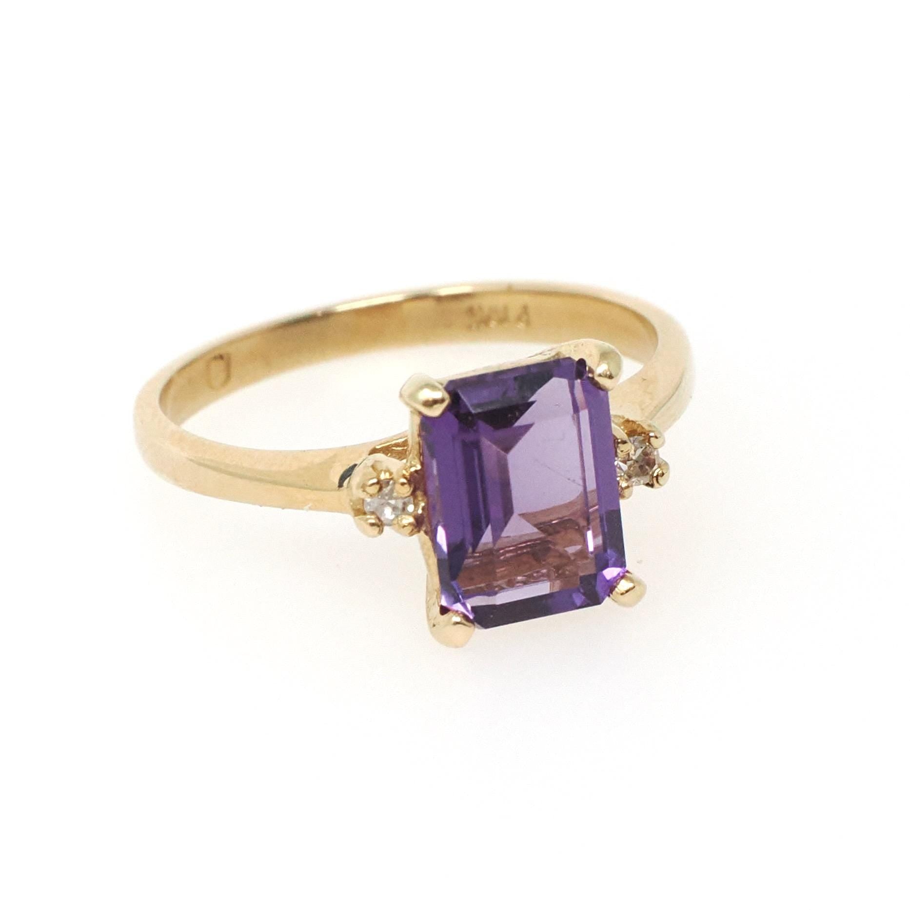 Amethyst & Diamond Ring - Modern Era 10k Yellow Gold Emerald Cut Purple Gem - Estate Circa 2000s Size 5 1/2 February Birthstone Fine Jewelry