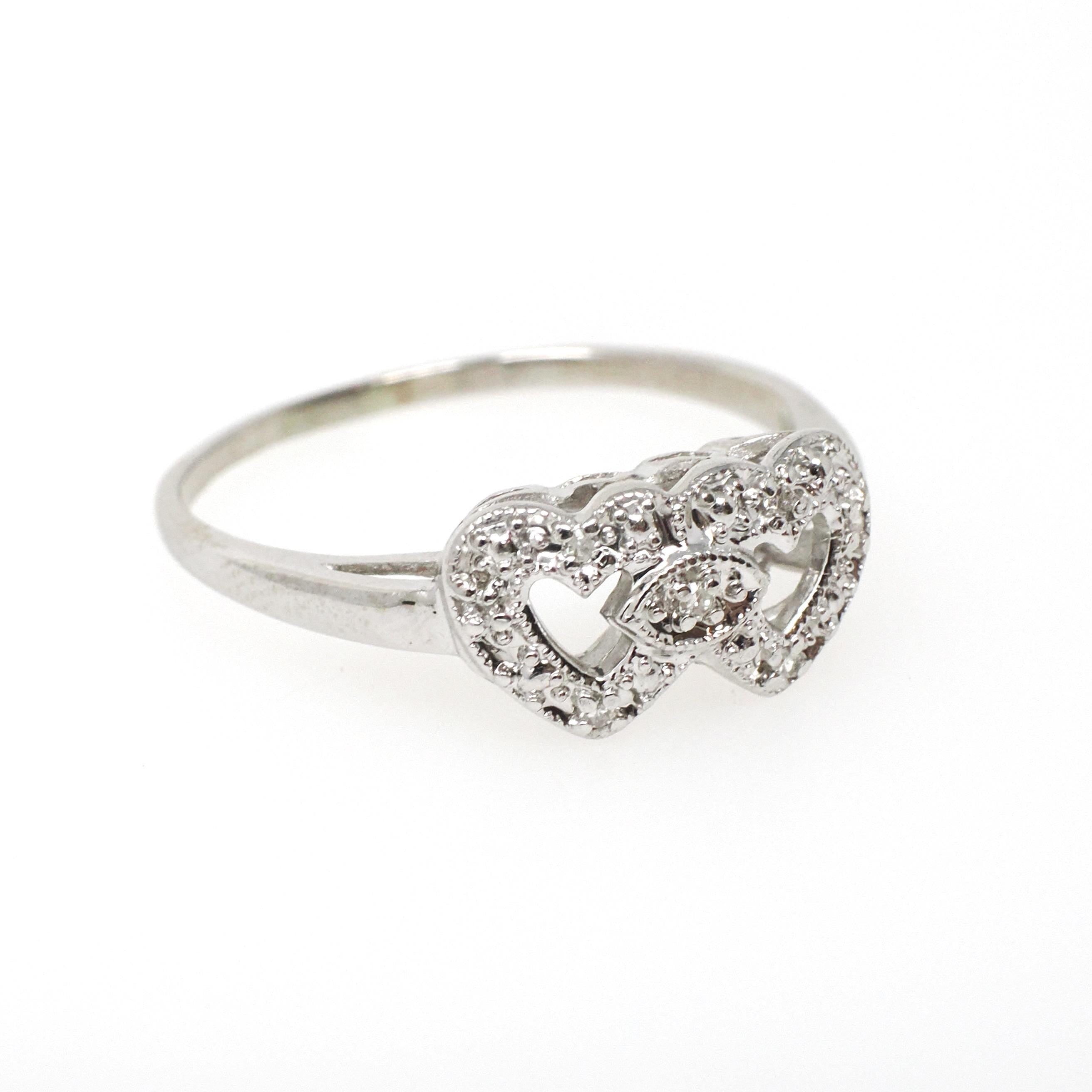 Double Heart Ring - Mid Century 14k White Gold Sweetheart Promise Love - Vintage Circa 1950s Era Size 9 1/4 Natural Diamonds Fine Jewelry