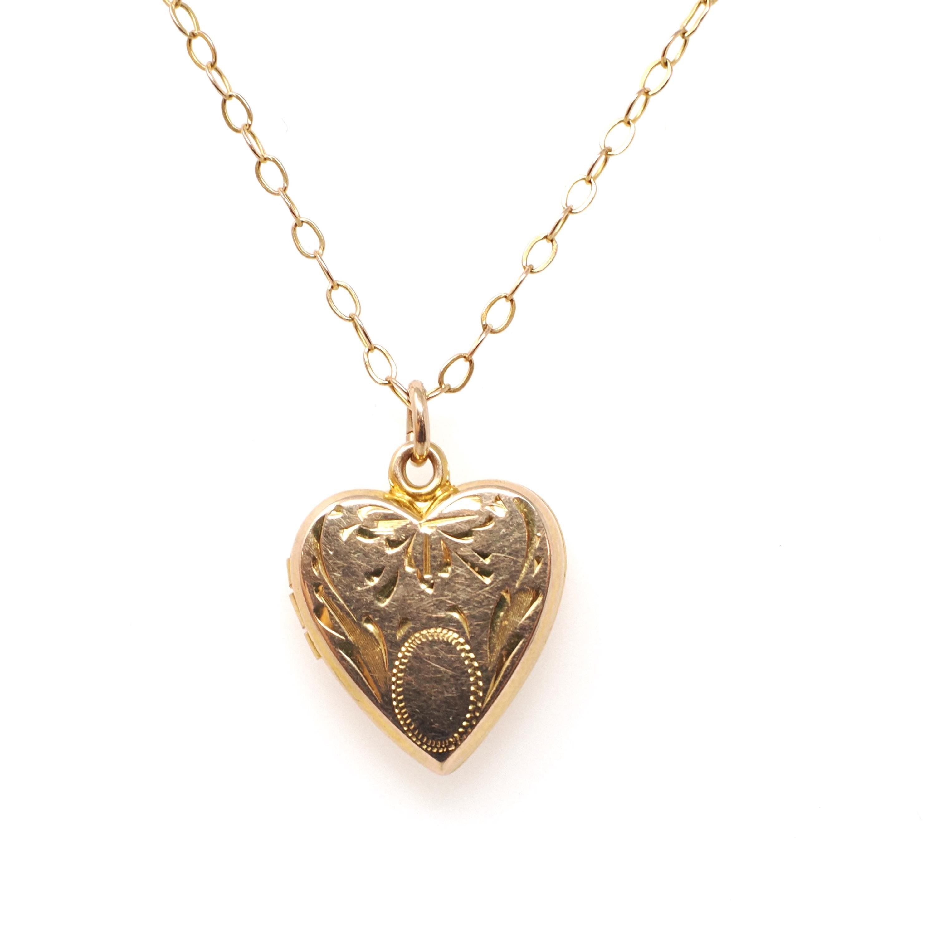 Vintage Heart Locket - Mid Century 10k Yellow Gold Engraved Bow Design Pendant Charm Necklace - Circa 1960s Era Fine Keepsake Photo Jewelry