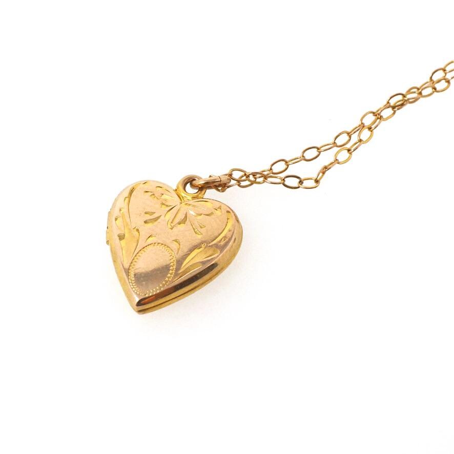 Vintage Heart Locket - Mid Century 10k Yellow Gold Engraved Bow Design Pendant Charm Necklace - Circa 1960s Era Fine Keepsake Photo Jewelry