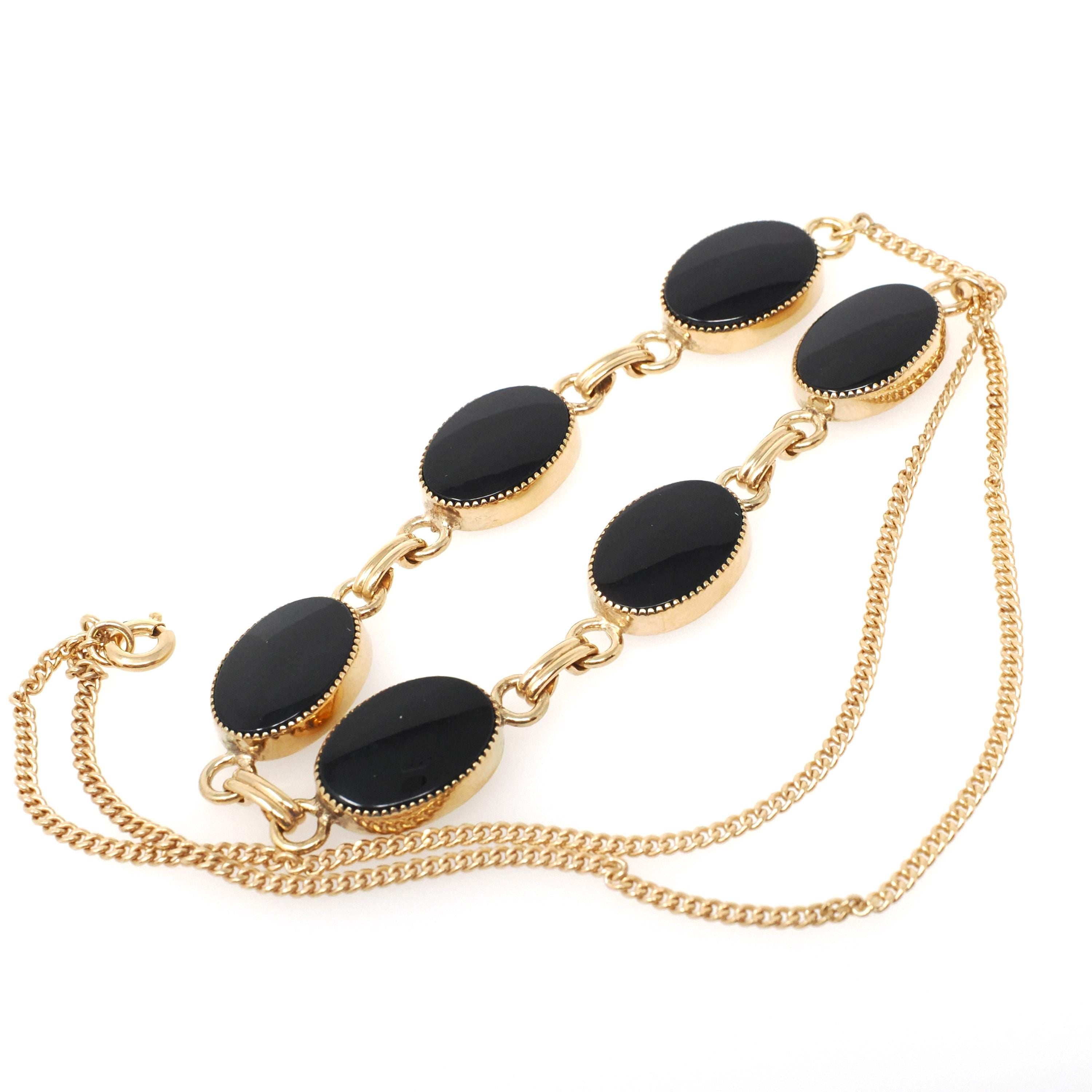 Vintage Onyx Necklace - Mid Century 12k Gold Filled Natural Oval Black Chalcedony Gemstones - Circa 1960s Era Statement 18" Inch Jewelry
