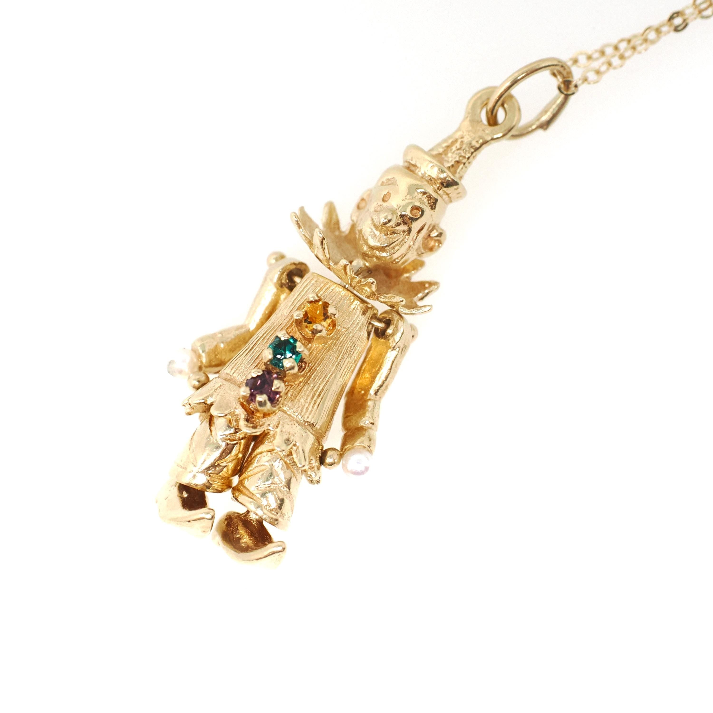 Articulated Clown Charm - Vintage 14k Yellow Gold Figural Pearl Glass Necklace Pendant - Circa 1970s Era Jester Moving Rag Doll Fine Jewelry