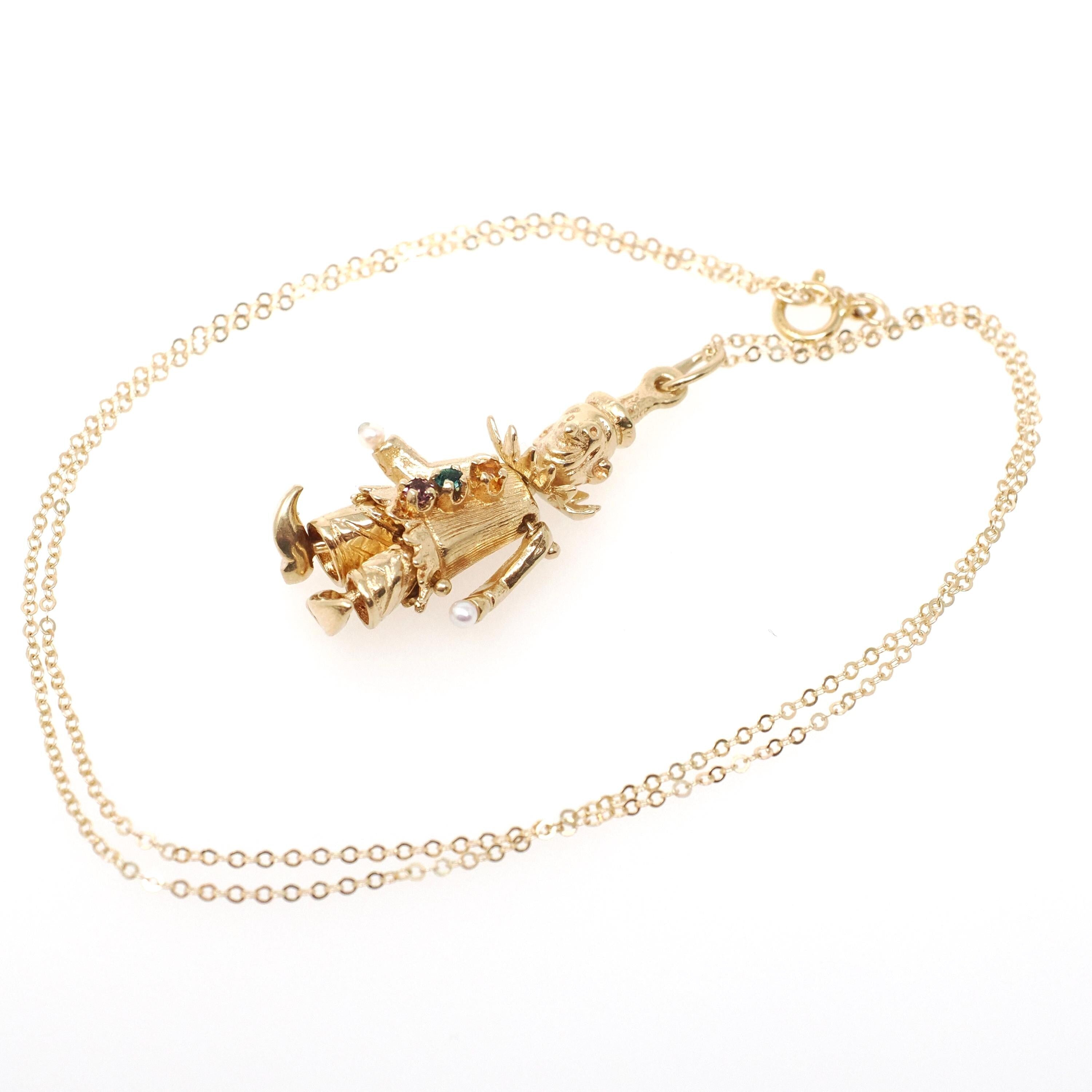 Articulated Clown Charm - Vintage 14k Yellow Gold Figural Pearl Glass Necklace Pendant - Circa 1970s Era Jester Moving Rag Doll Fine Jewelry