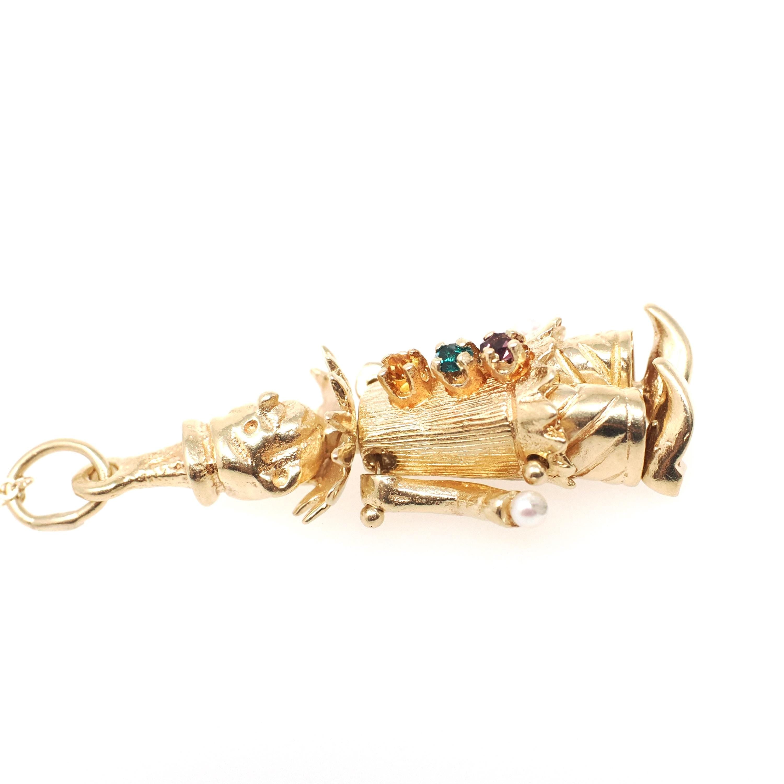 Articulated Clown Charm - Vintage 14k Yellow Gold Figural Pearl Glass Necklace Pendant - Circa 1970s Era Jester Moving Rag Doll Fine Jewelry