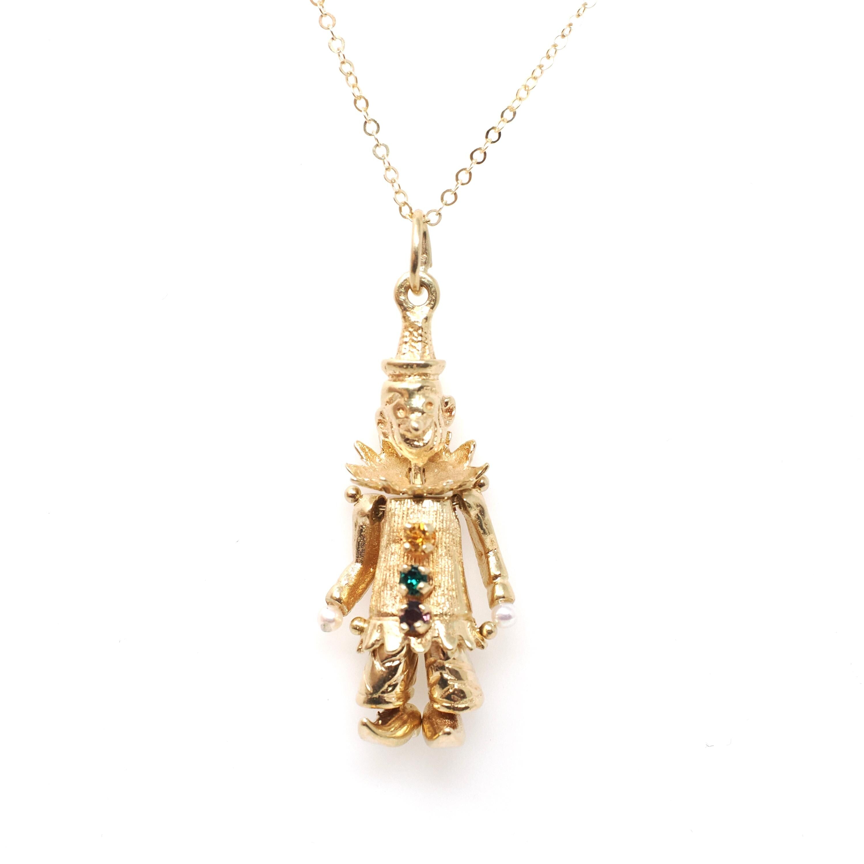 Articulated Clown Charm - Vintage 14k Yellow Gold Figural Pearl Glass Necklace Pendant - Circa 1970s Era Jester Moving Rag Doll Fine Jewelry