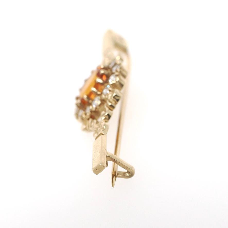 Modern Citrine Brooch - Estate 9k Yellow Gold Oval Orange Gemstone Floral Bar Pin - Circa 2000s Era CZ Halo Fine Vintage Style Jewelry