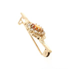 Modern Citrine Brooch - Estate 9k Yellow Gold Oval Orange Gemstone Floral Bar Pin - Circa 2000s Era CZ Halo Fine Vintage Style Jewelry