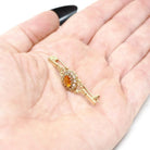 Modern Citrine Brooch - Estate 9k Yellow Gold Oval Orange Gemstone Floral Bar Pin - Circa 2000s Era CZ Halo Fine Vintage Style Jewelry