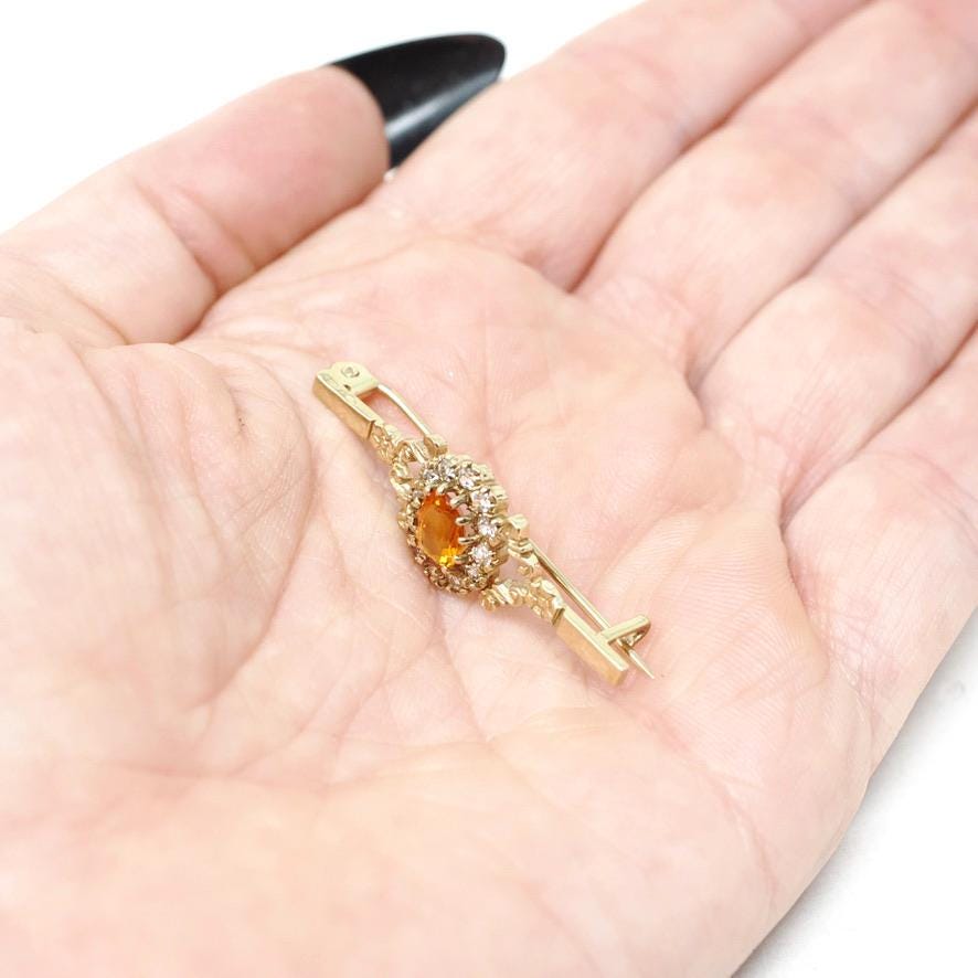 Modern Citrine Brooch - Estate 9k Yellow Gold Oval Orange Gemstone Floral Bar Pin - Circa 2000s Era CZ Halo Fine Vintage Style Jewelry