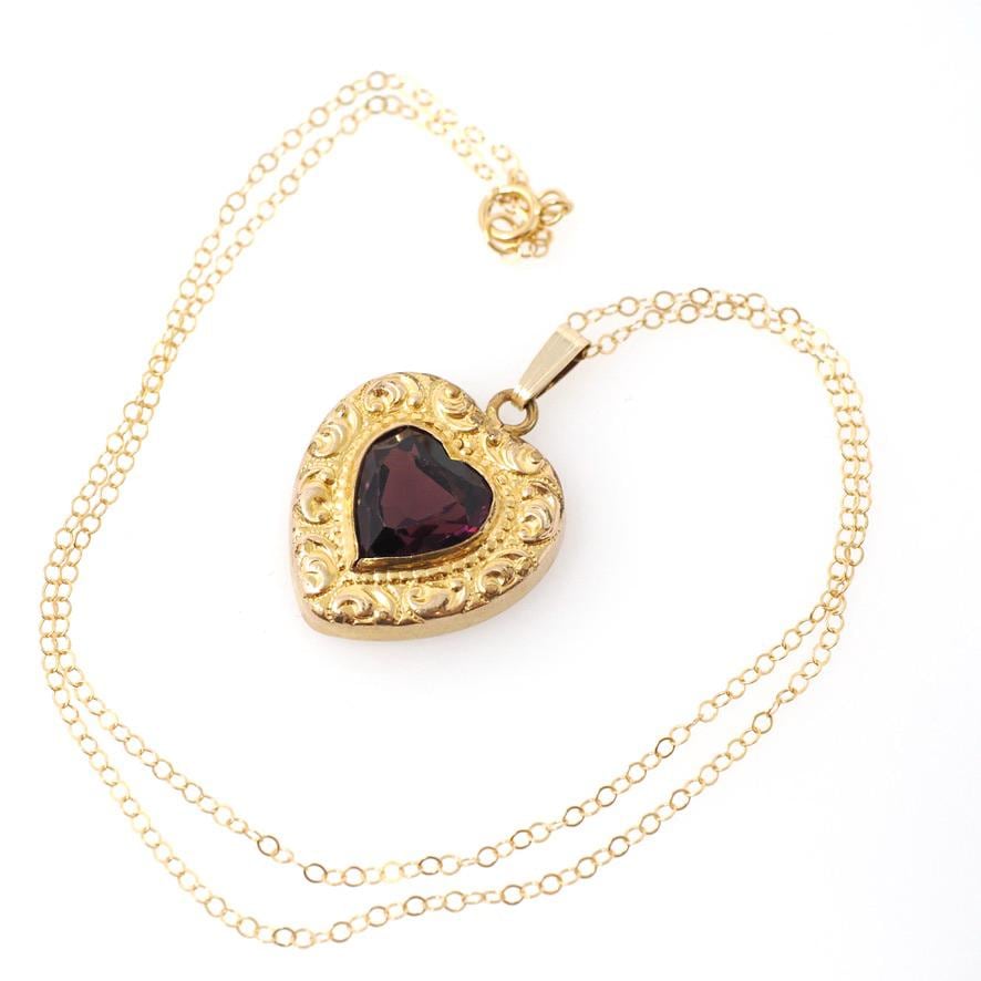 Simulated Amethyst Pendant - Retro Gold Filled Purple Glass Heart Repousse Charm Necklace - Vintage Circa 1940s February Birthstone Jewelry