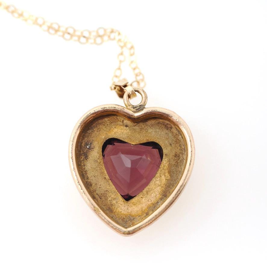 Simulated Amethyst Pendant - Retro Gold Filled Purple Glass Heart Repousse Charm Necklace - Vintage Circa 1940s February Birthstone Jewelry