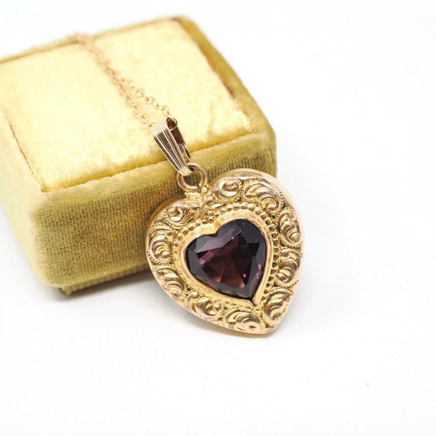 Simulated Amethyst Pendant - Retro Gold Filled Purple Glass Heart Repousse Charm Necklace - Vintage Circa 1940s February Birthstone Jewelry