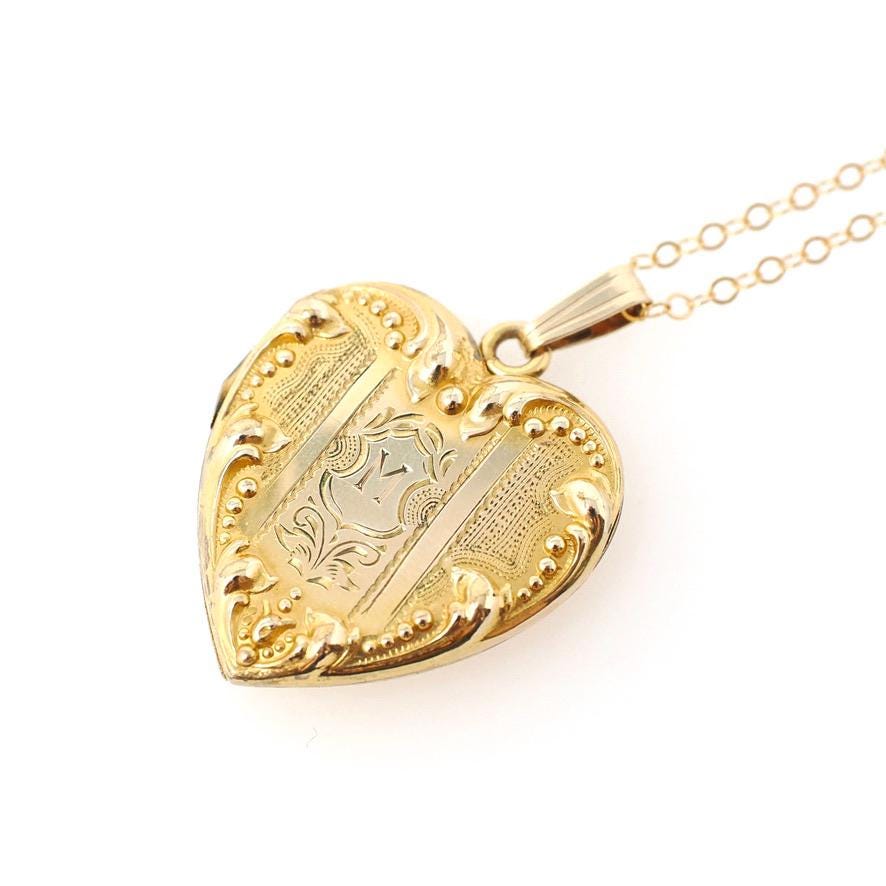 Letter "M" Locket - Retro 10k Gold Filled Engraved Single Initial Heart Pendant Necklace - Circa 1940s Statement Keepsake Photograph Jewelry