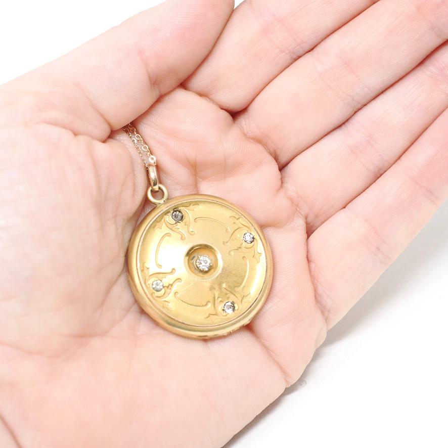 Antique Rhinestone Locket - Edwardian Gold Filled Round Compass Pendant Necklace - Circa 1900s Era "MEC" Initial Keepsake Statement Jewelry